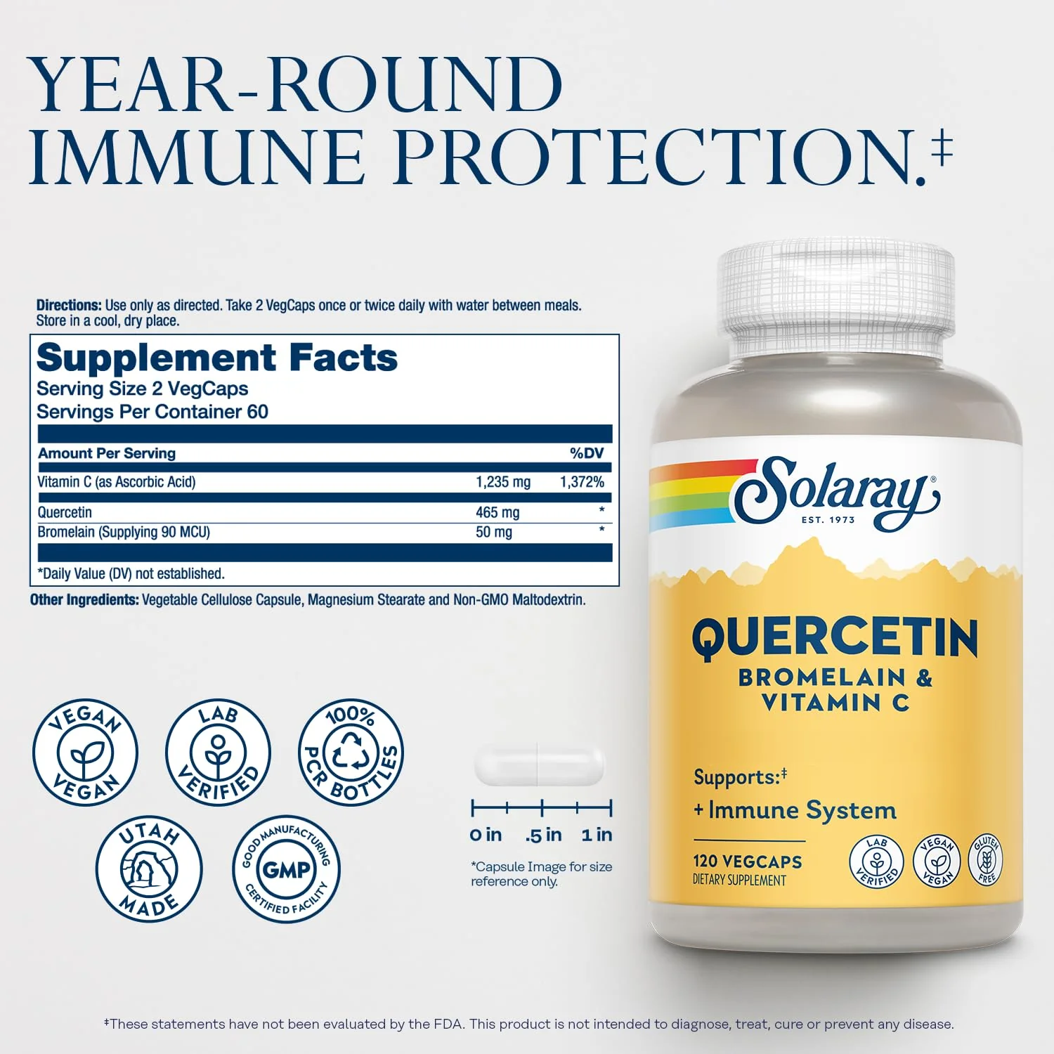 SOLARAY Quercetin with Bromelain & Vitamin C – Immune Support, Heart Health | Vegan, 60 Servings - Image 2