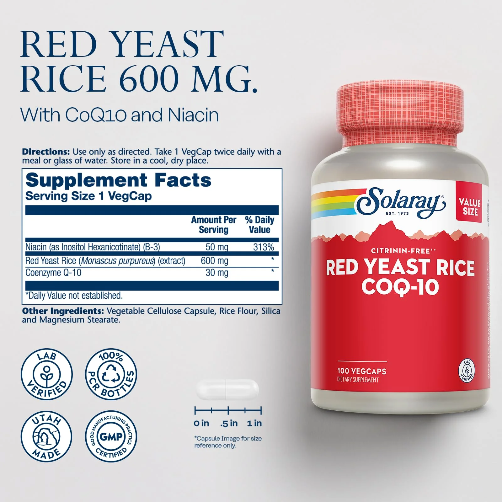 Solaray Red Yeast Rice Plus CoQ-10 & No-Flush Niacin - 100 VegCaps, 600mg RYR, 30mg CoQ10, 50mg Niacin, 60-Day Guarantee - Image 3