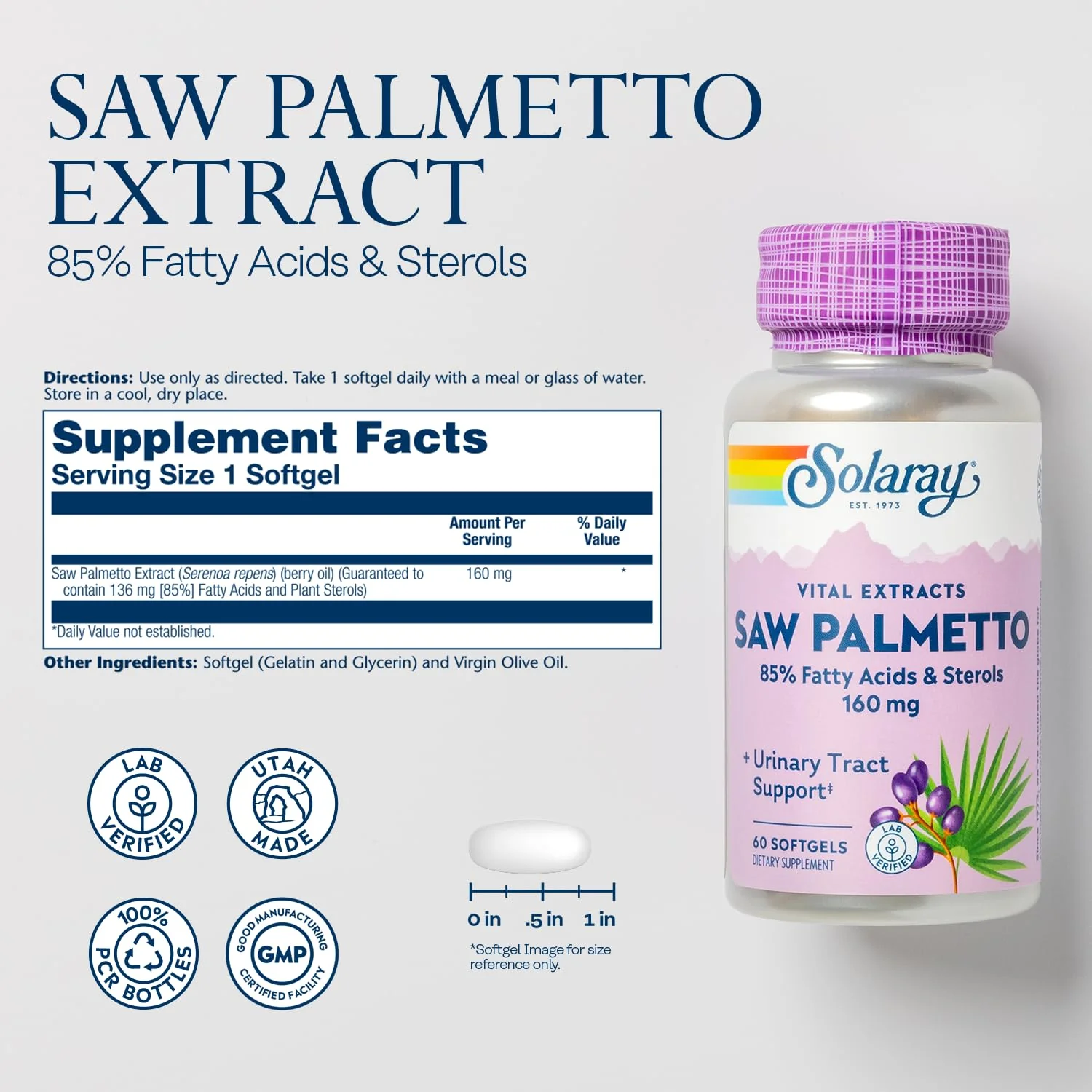 SOLARAY Saw Palmetto Extract – Prostate & Urinary Support, 136 mg Fatty Acids & Sterols, Lab Verified, Pack of 2 (60 Servings) - Image 3