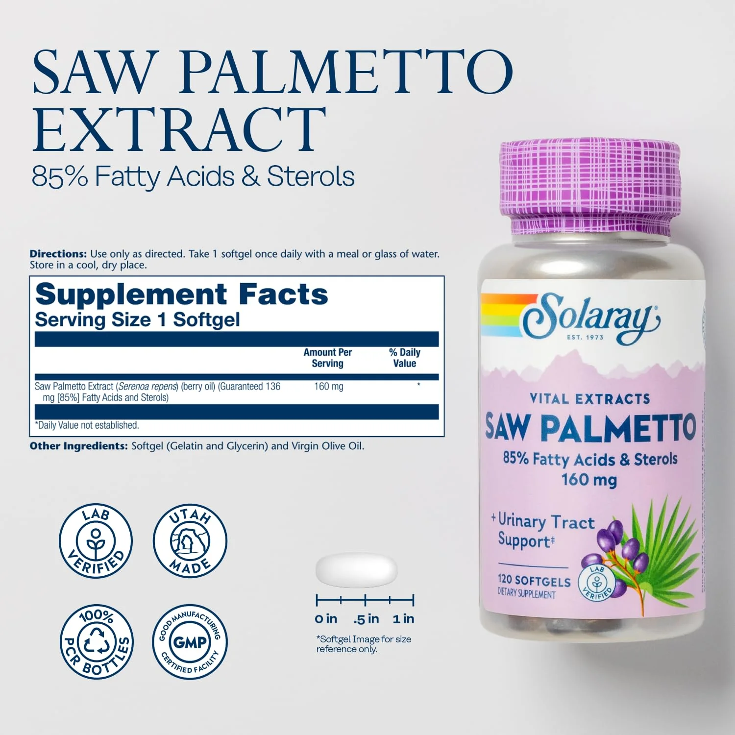 SOLARAY Saw Palmetto Extract - Prostate & Urinary Support, 160 mg per Softgel, 120 Softgels - Image 3