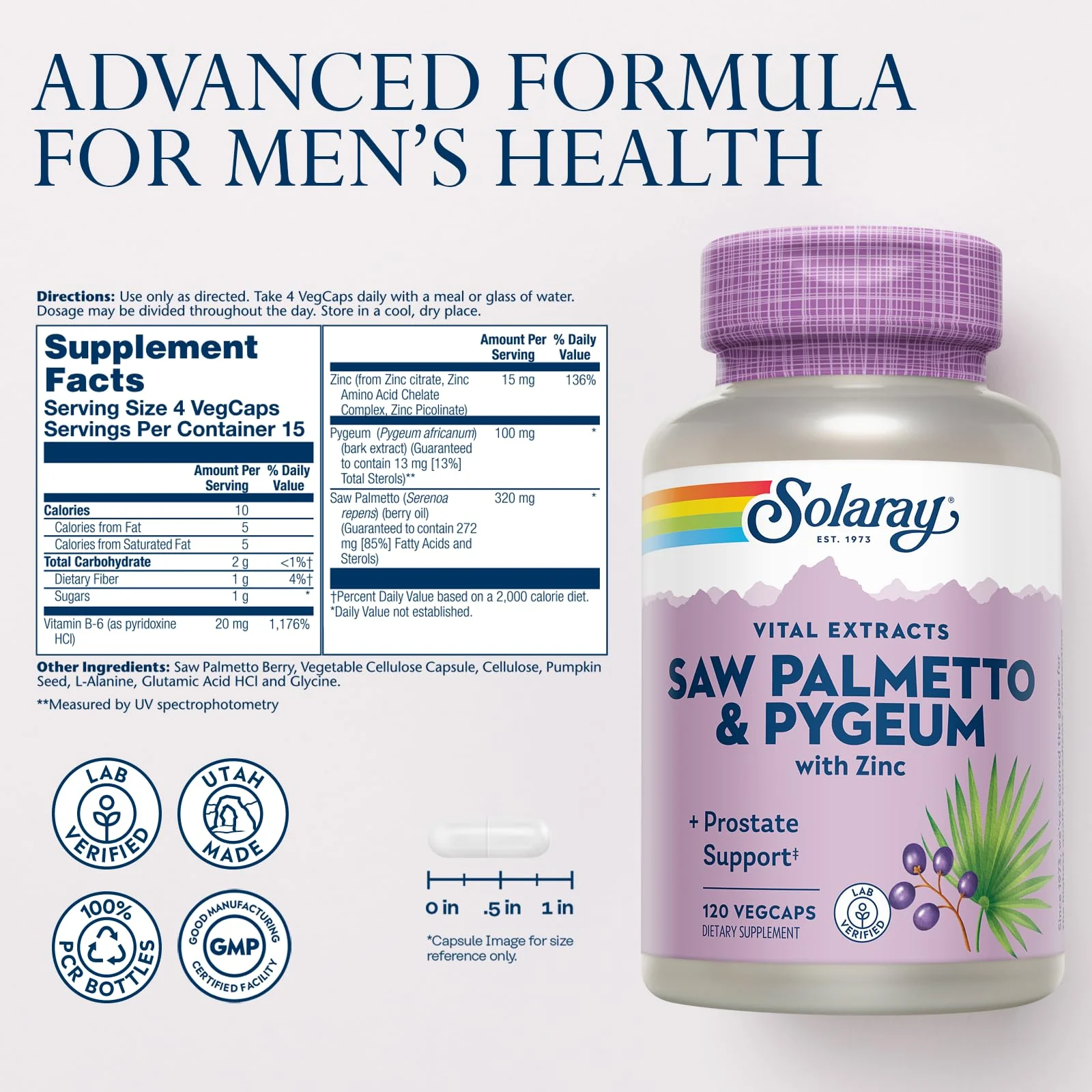 SOLARAY Saw Palmetto & Pygeum – Prostate Health Support for Men | Zinc, Pumpkin Seeds, Vitamin B6 | Vegan & Gluten Free | 30 Servings - Image 8