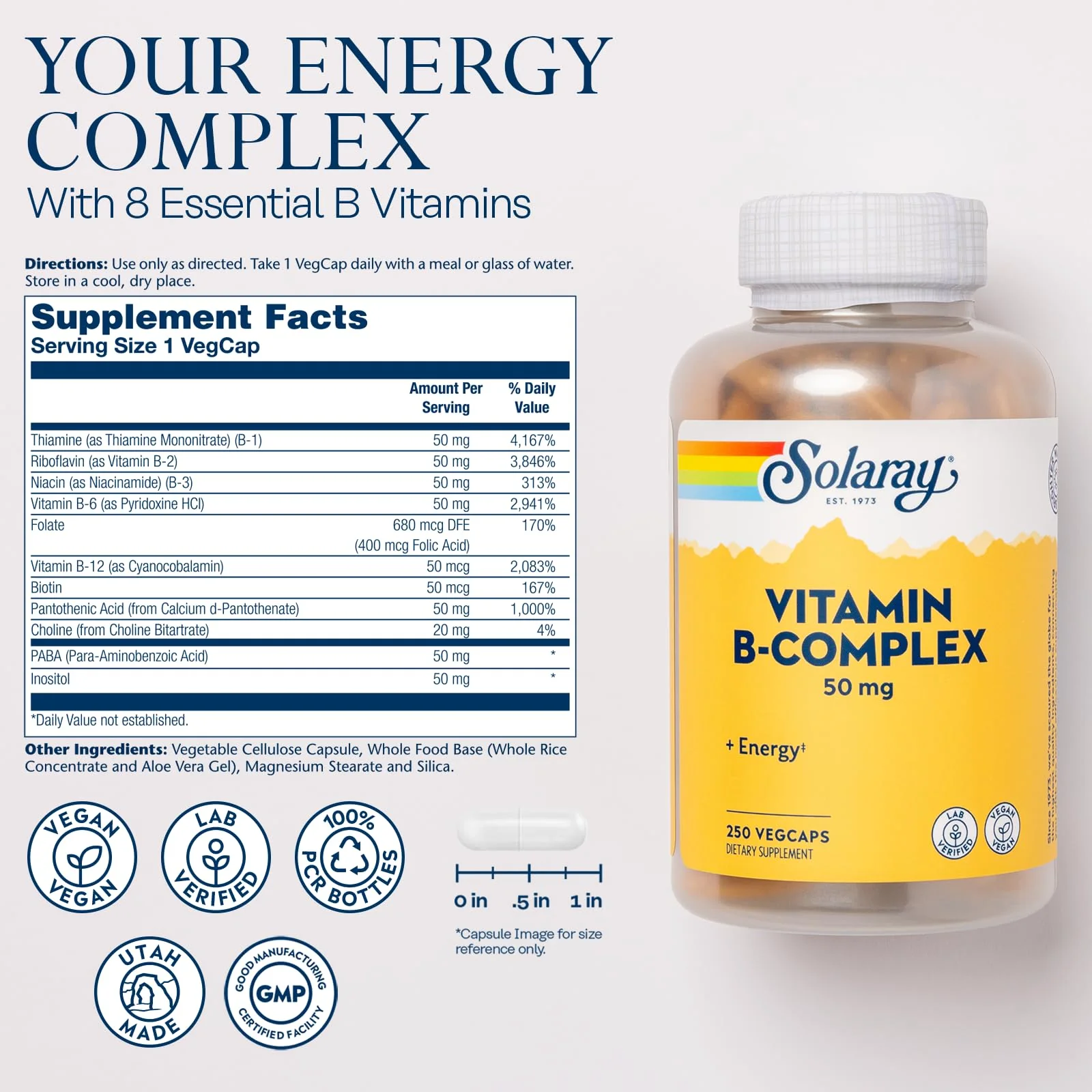 Solaray Vitamin B Complex 50 mg – Energy, Metabolism & Nerve Health Support (Vegan, 250 VegCaps) - Image 2