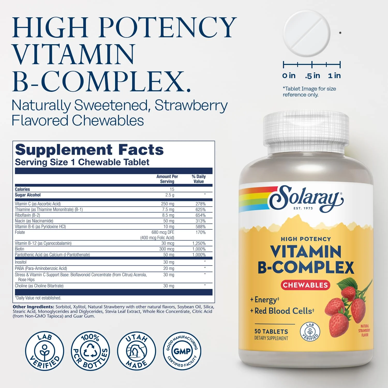 SOLARAY Vitamin B-Complex Chewables – Strawberry – Healthy Energy, Metabolism & Red Blood Cell Support | 50 Tablets (Pack of 2) - Image 2