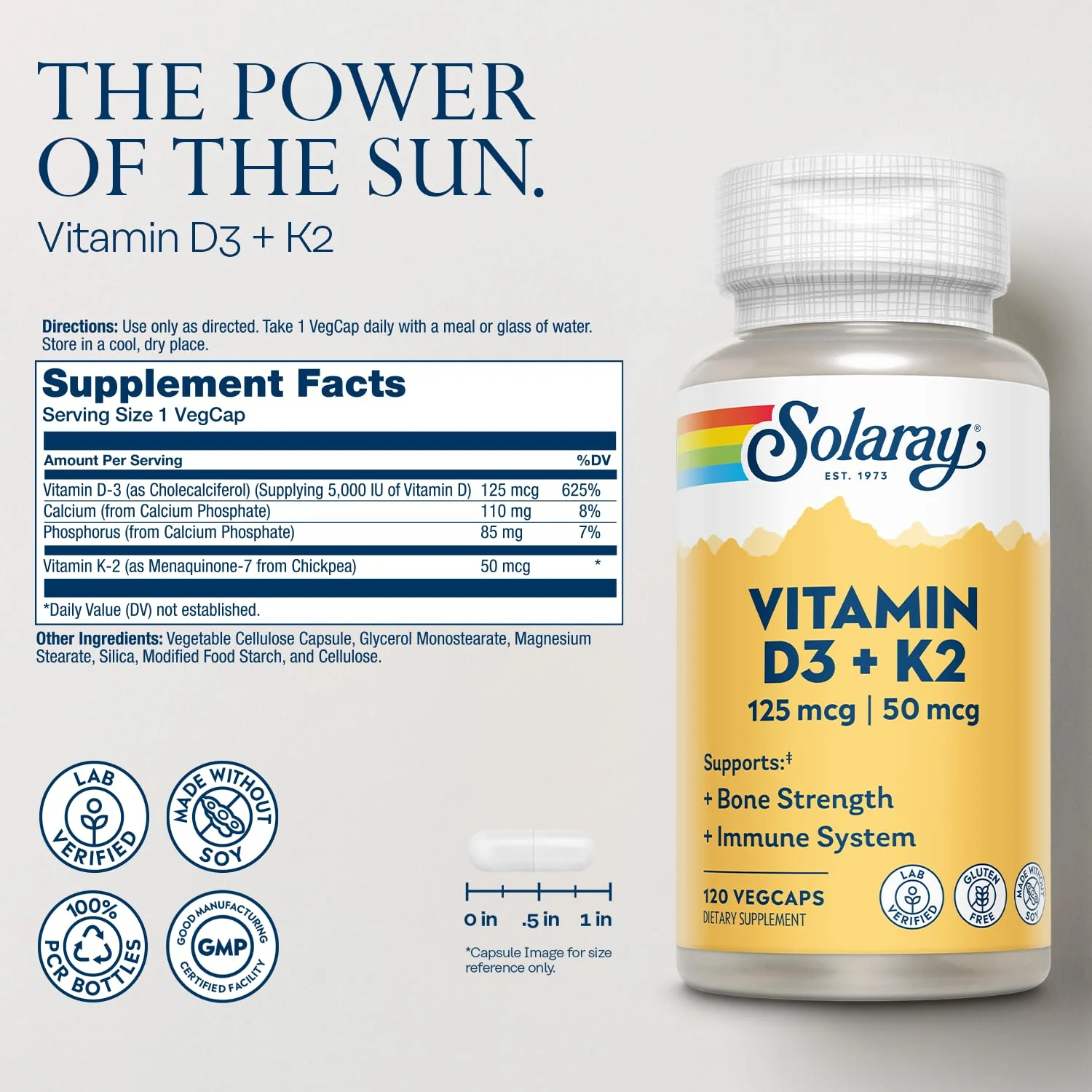 SOLARAY Vitamin D3 K2 – 5000 IU D3, 50 mcg MK7 | Bone Health & Immune Support - Image 2
