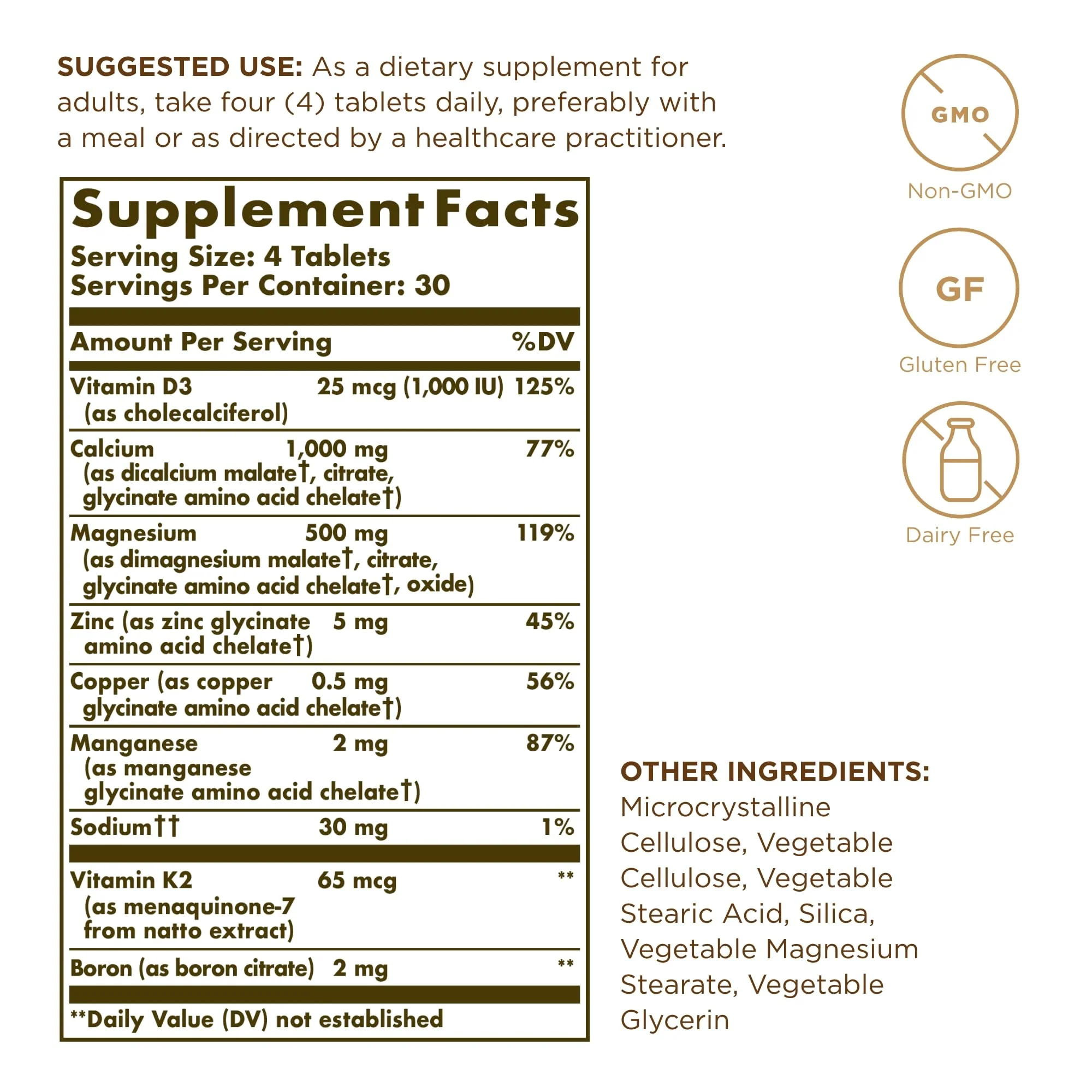 Solgar Advanced Calcium Complex - 120 Tablets (Pack of 2) with Zinc, Boron, Vitamins D3 & K2 | Non-GMO, Gluten Free, Dairy Free - 60 Total Servings - Image 2