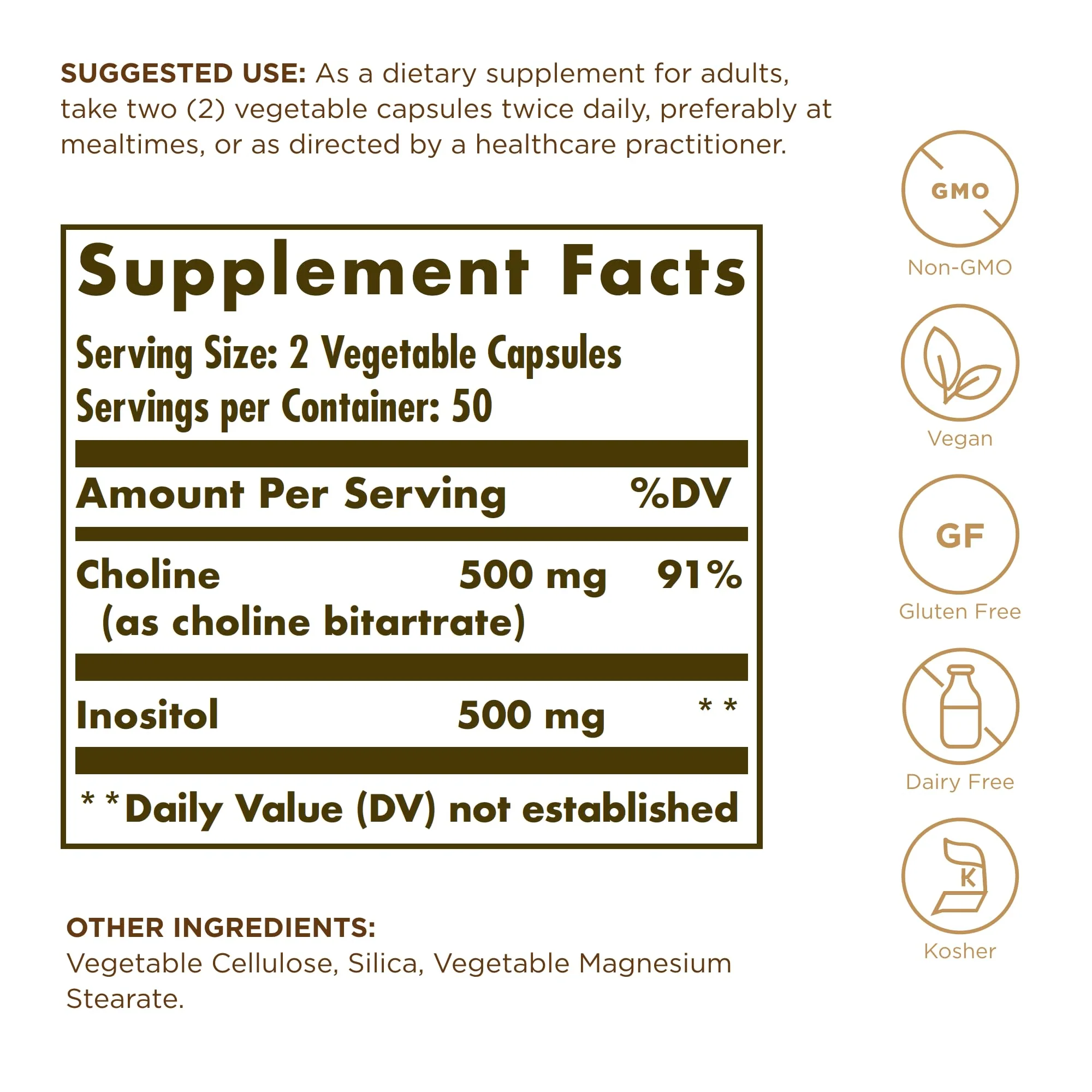 Solgar Choline/Inositol 500 mg/500 mg - 100 Veg Capsules (Pack of 3) | Energy Metabolism, Liver Health - Image 2
