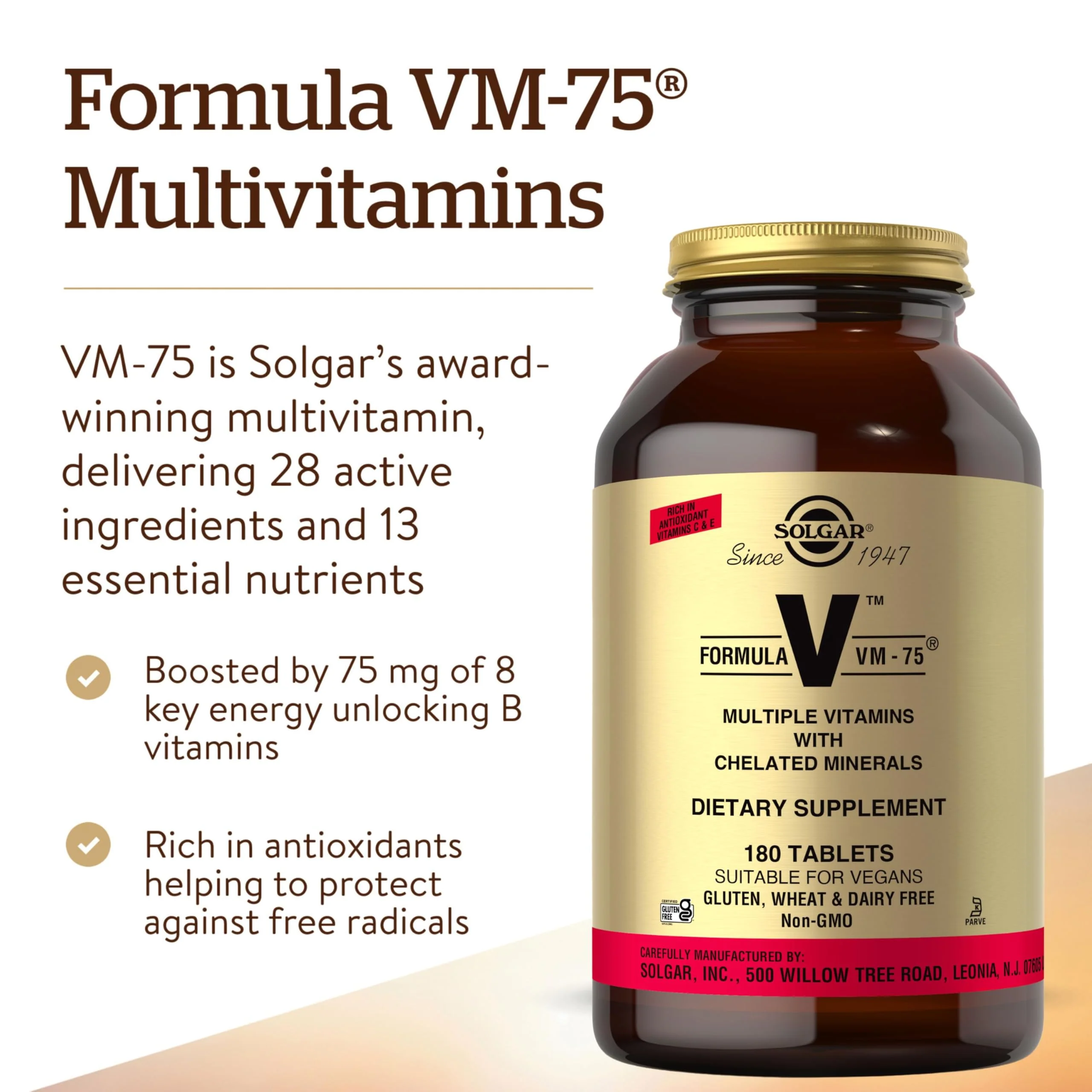 Solgar Formula VM-75 Multivitamin 180 Tablets – Chelated Minerals, Vegan, Gluten Free, Kosher - Image 3