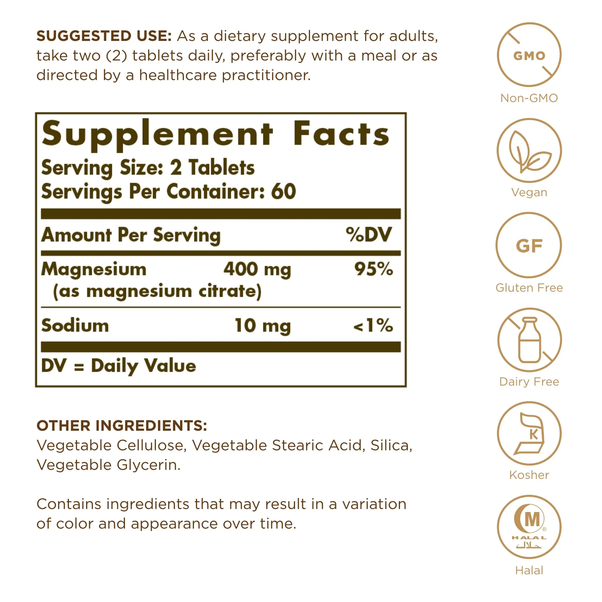 Solgar Magnesium Citrate - 120 Tablets, Pack of 2 - Supports Nerve & Muscle Function - Highly Absorbable - Non-GMO, Vegan, Gluten Free, Kosher - 120 Total Servings - Image 2