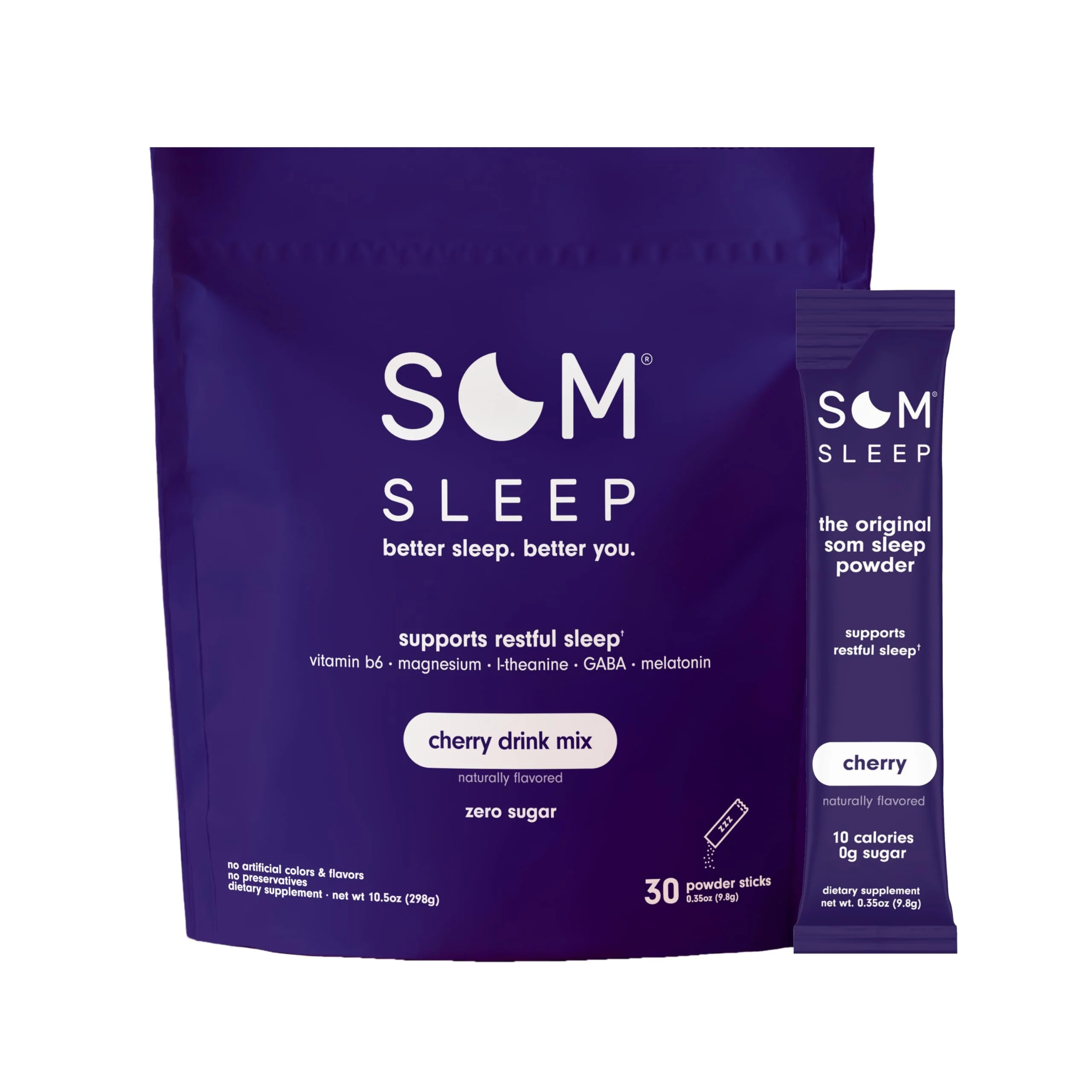 Som Sleep Calm Sleep Aid Powder Drink Mix – 3mg Melatonin, Magnesium, L-Theanine & GABA | Vegan, Zero Sugar, Cherry, 30-Pack - Image 9