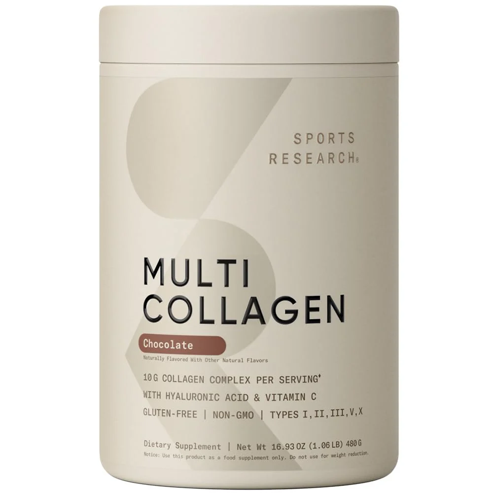 Sports Research Multi Collagen Protein Powder with Hyaluronic Acid & Vitamin C – 5 Types, 30 Servings (Chocolate)