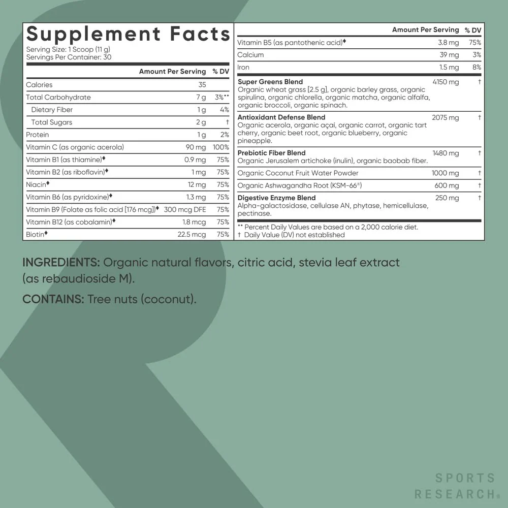 Sports Research Organic Greens Superfood Powder – Pineapple Coconut (30 Servings) | Spirulina, Chlorella, Adaptogens, Probiotics, 8 B Vitamins | Vegan, Sugar-Free - Image 12