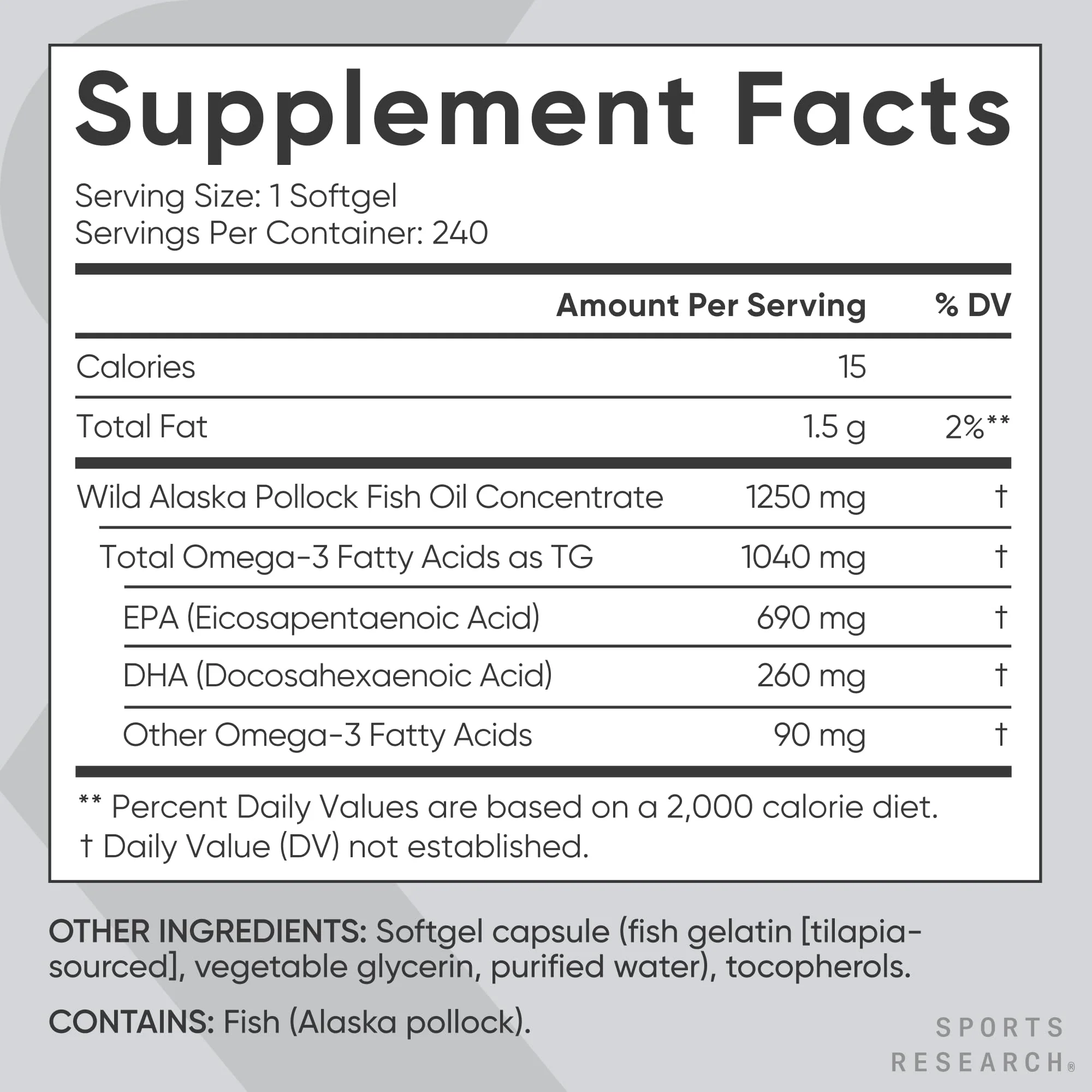 Sports Research Triple Strength Omega-3 Fish Oil - Burpless 1250 mg, 240 Softgels | Wild Alaska Pollock, EPA & DHA - Image 3