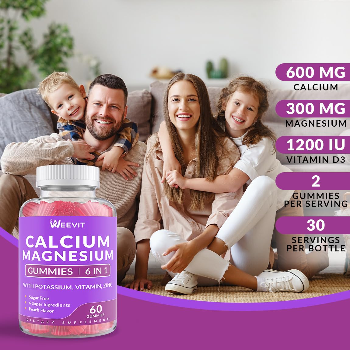 Sugar Free Calcium Gummies with Vitamin D3 & K2 – Vegan Algae Calcium, Calcium Magnesium Zinc, 2:1 Calcium:Magnesium - Image 2
