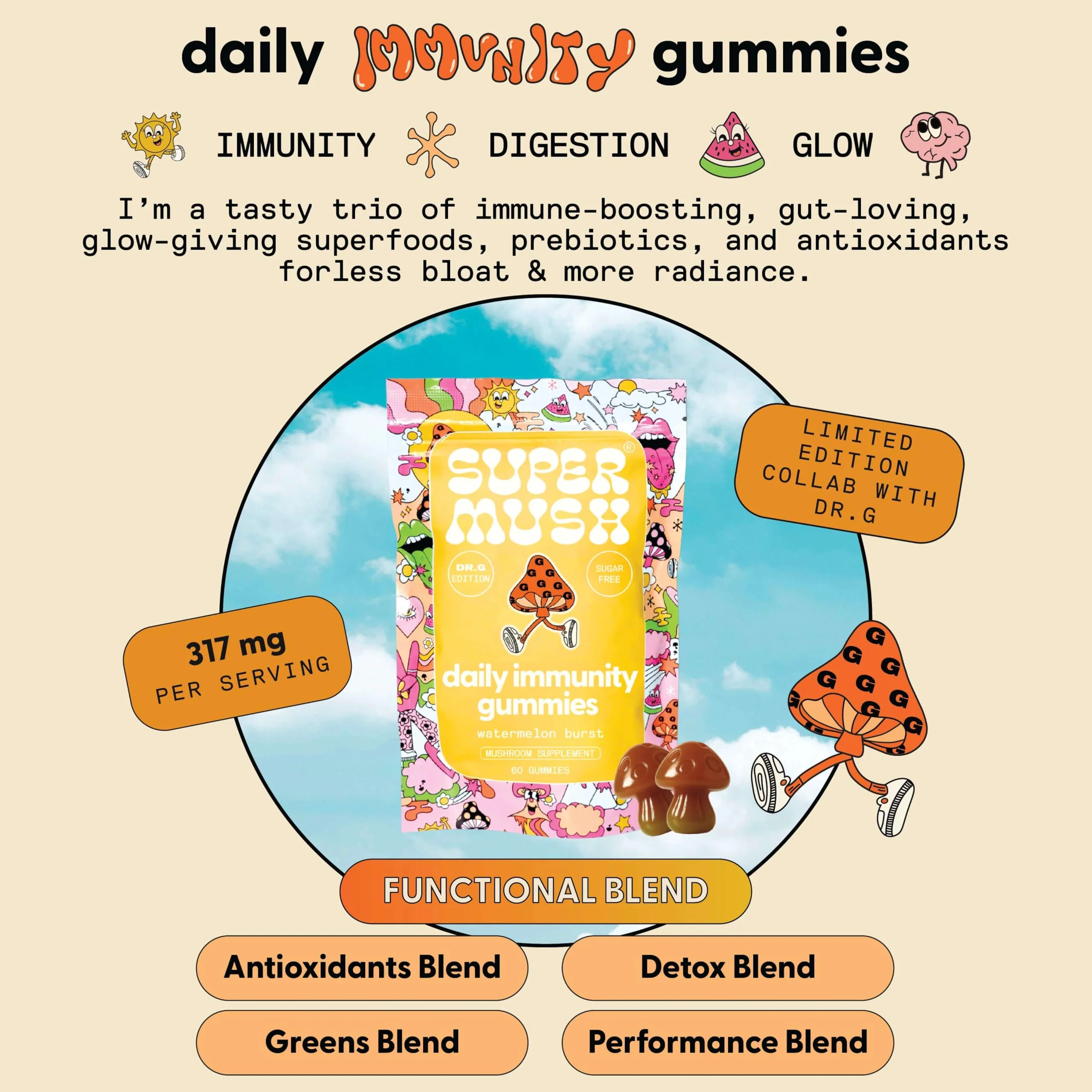 SuperMush Dr. G Daily Greens Gummies – Sugar Free Vegan Immunity & Gut Health (60 Ct) - Image 2