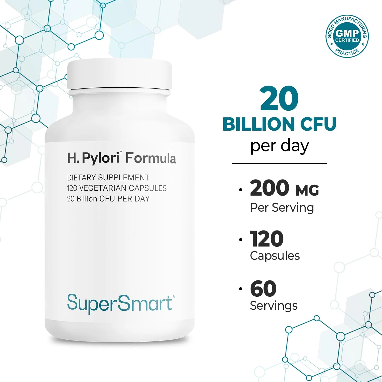 Supersmart H. Pylori Formula – 20B CFU Probiotic (L. reuteri DSM17648) | Non-GMO, Gluten Free, 120 Veggie Capsules - Image 4