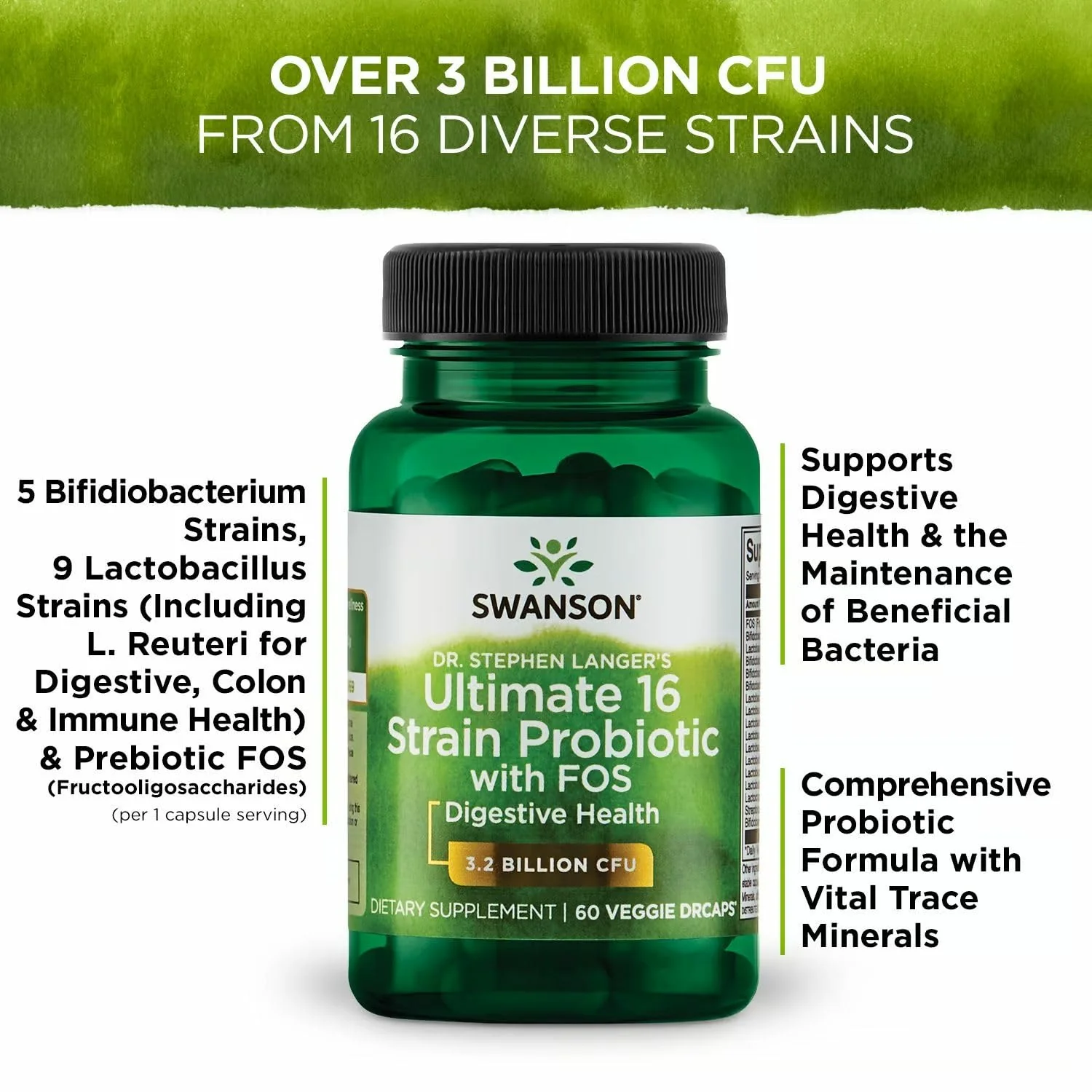 Swanson Dr. Stephen Langer's Formula — 16-Strain Probiotic with Prebiotic FOS, 3.2B CFU per Capsule (60 Veggie Caps) • 4 Pack - Image 12