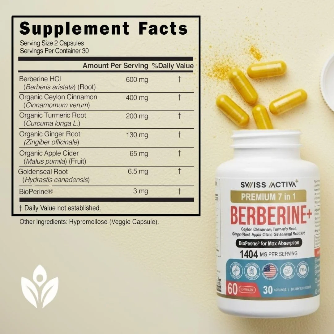 Swiss Activa+ Labs Organic 7-in-1 Berberine Supplement | 600mg Berberine HCl + Cinnamon, Turmeric, Ginger, ACV | Metabolic, Heart & Digestive Support | Vegan, Non-GMO | 30-Day Supply - Image 5
