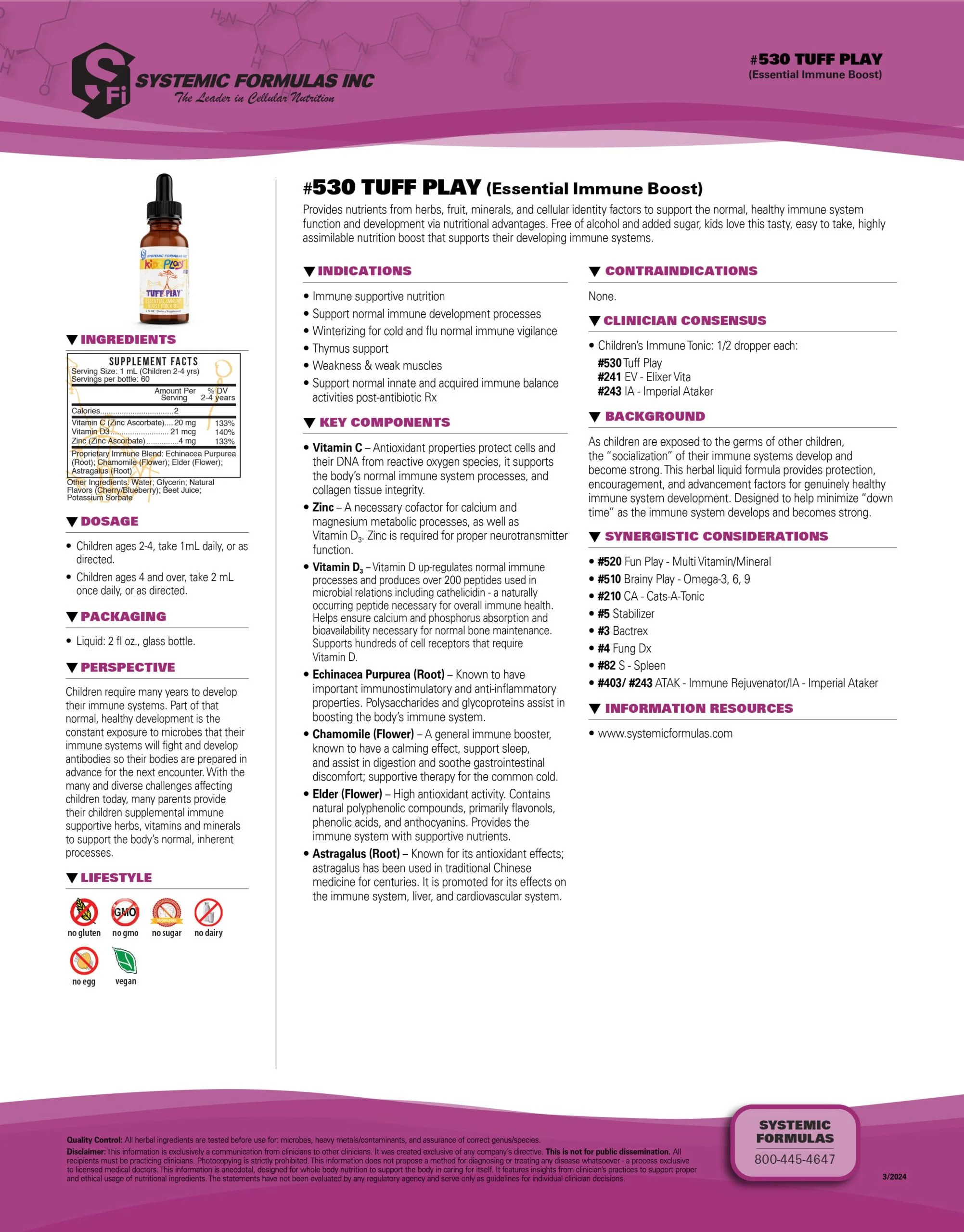 Systemic Formulas TUFF PLAY Kids Immune Support Supplement 2 Fl Oz – Vitamin C, D3 & Zinc #530 - Image 2