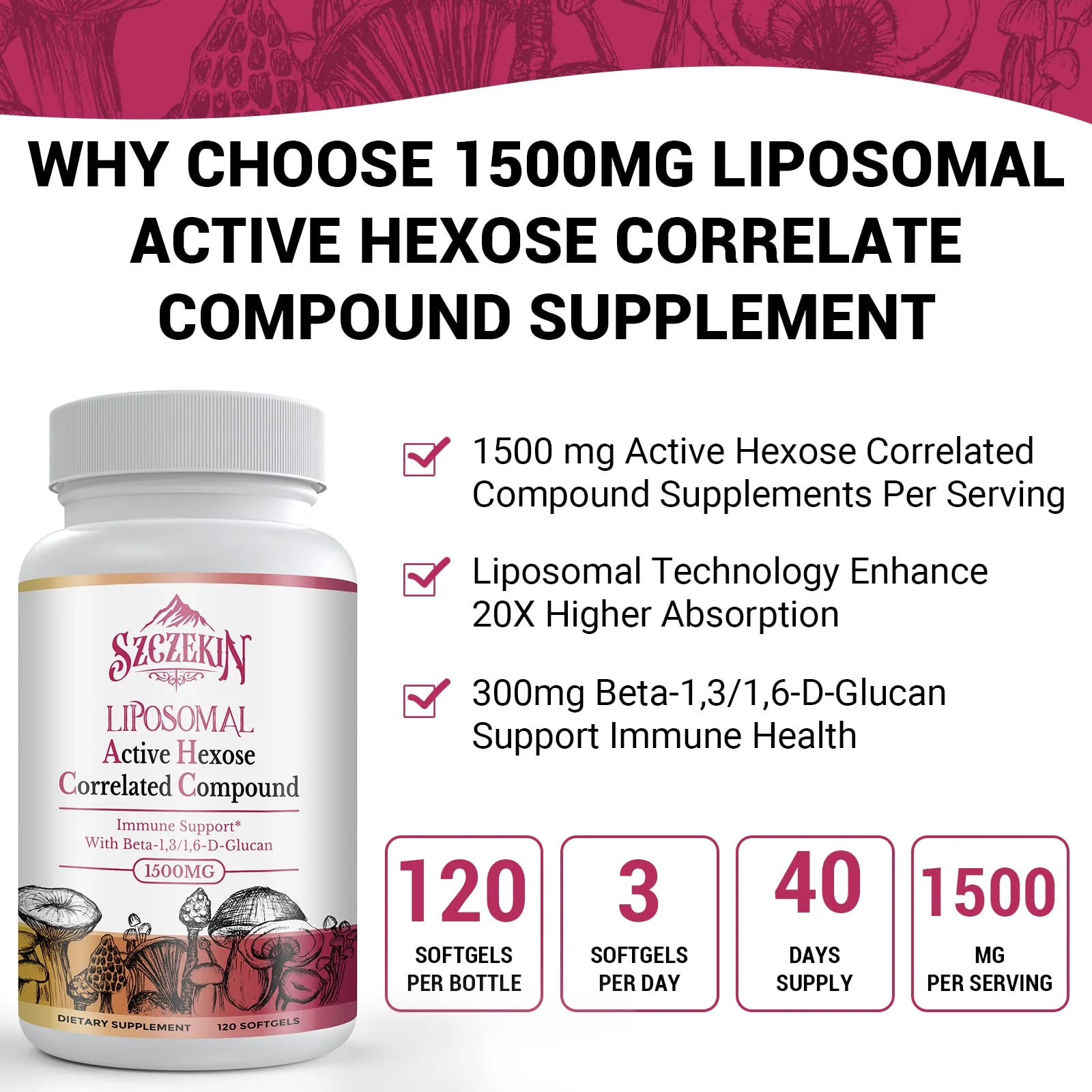 SZCZEKIN 1500mg Liposomal Active Hexose Correlated Compound — 360 Soft Gels, 8-Mushroom Blend + 300mg Beta-Glucans - Image 4