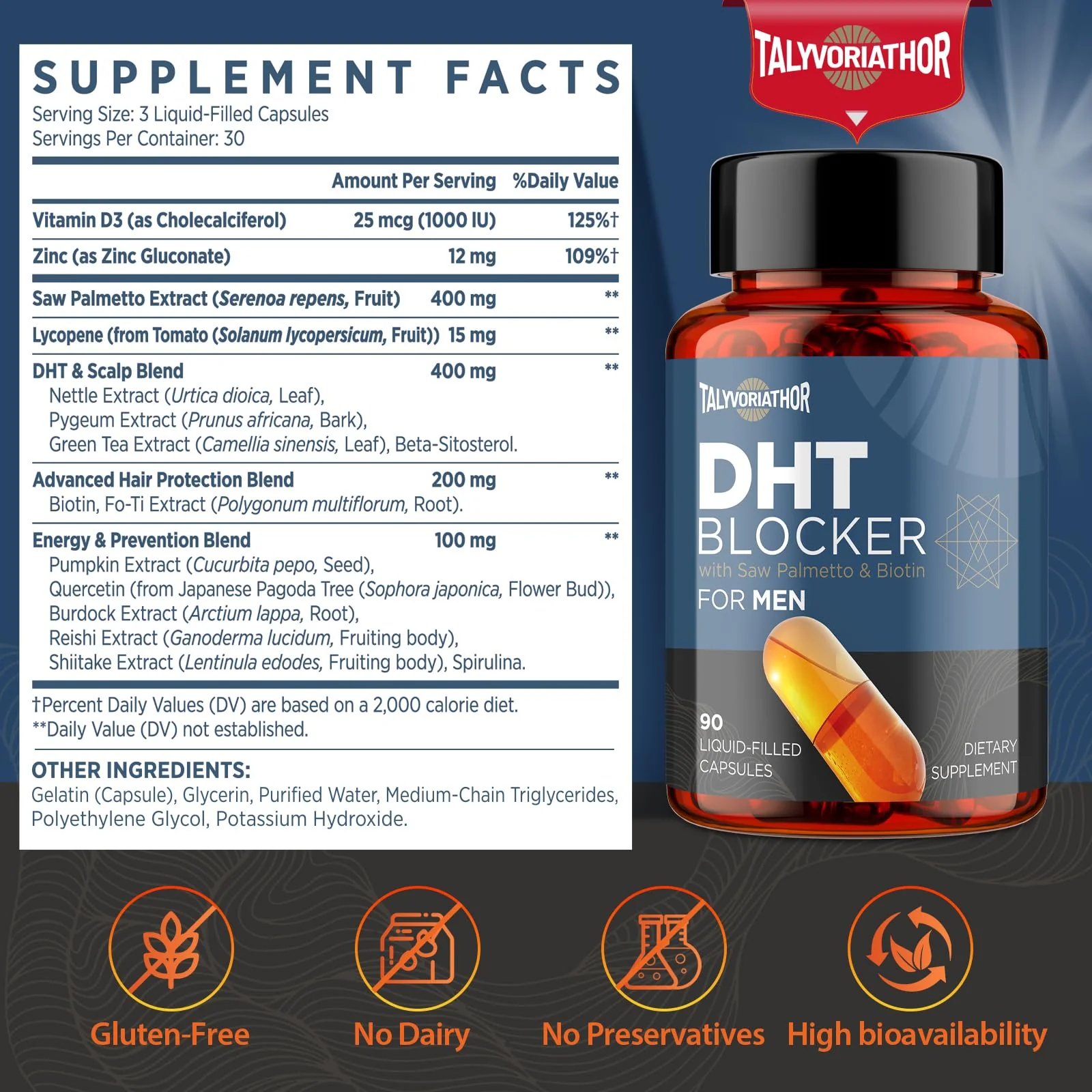 Talyvoriathor DHT Blocker for Men — Saw Palmetto & Biotin, Liquid-Filled Capsules, 180 Count - Image 8