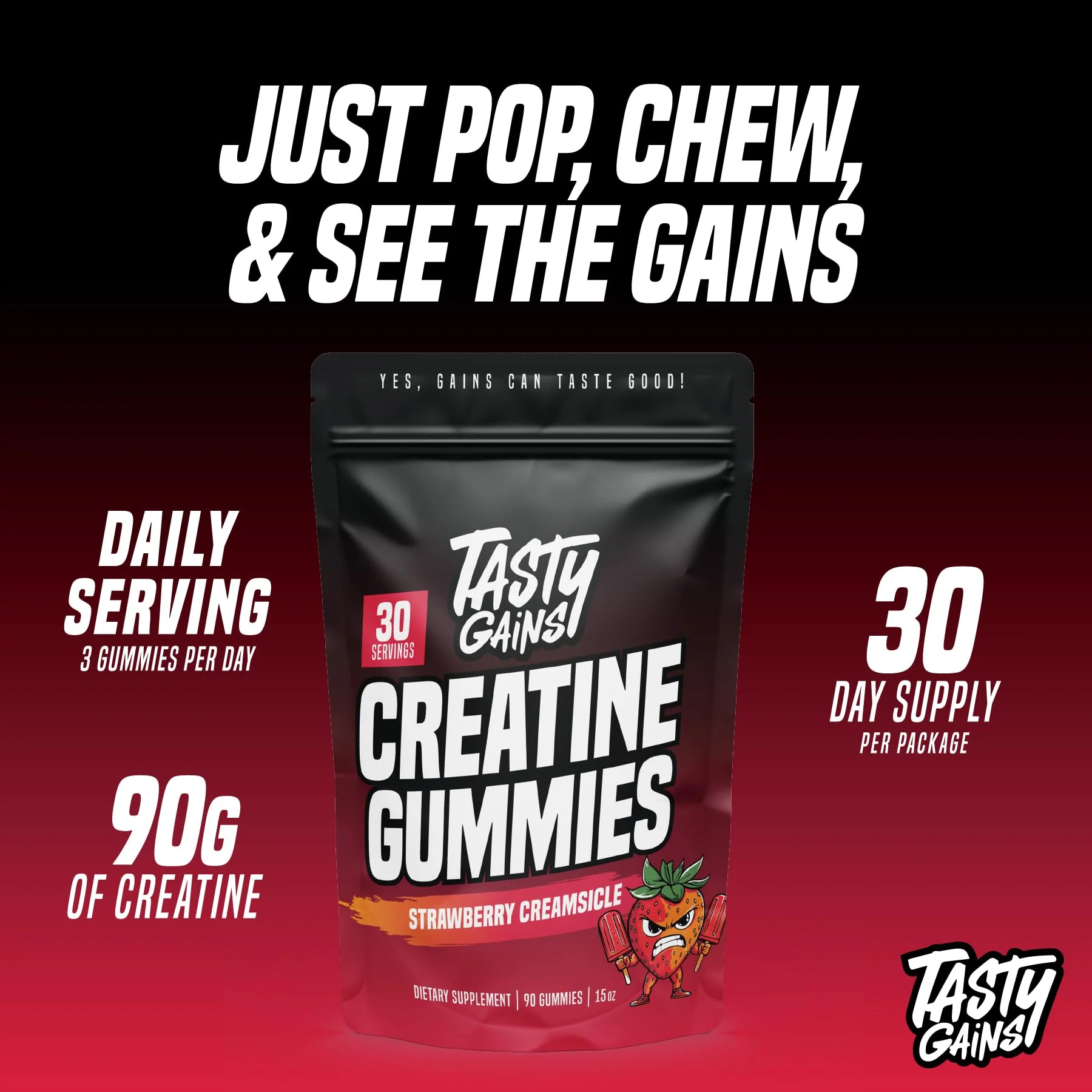 TASTY GAINS Creatine Gummies – 90g, 1g Monohydrate per Gummy, Made in USA - Image 9