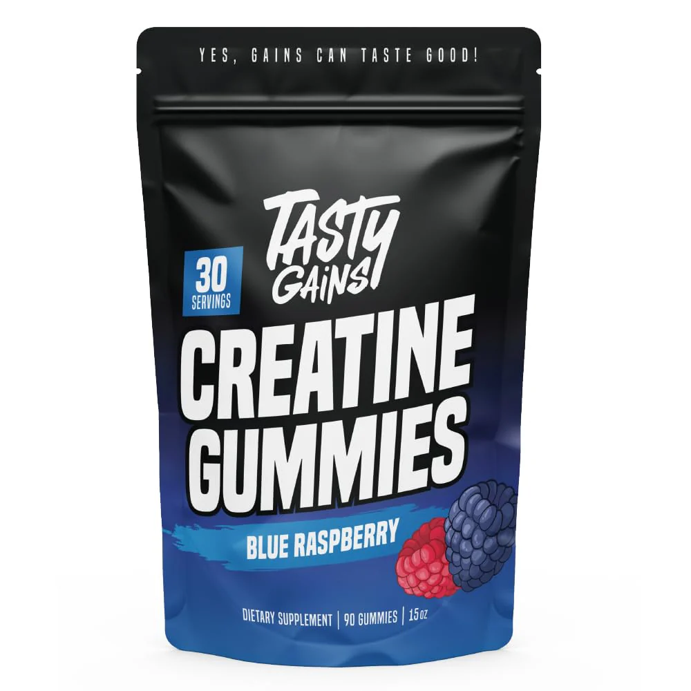 TASTY GAINS Creatine Gummies – 90g Creatine Monohydrate, Muscle Support, Vegan, Made in USA (Blue Raspberry)