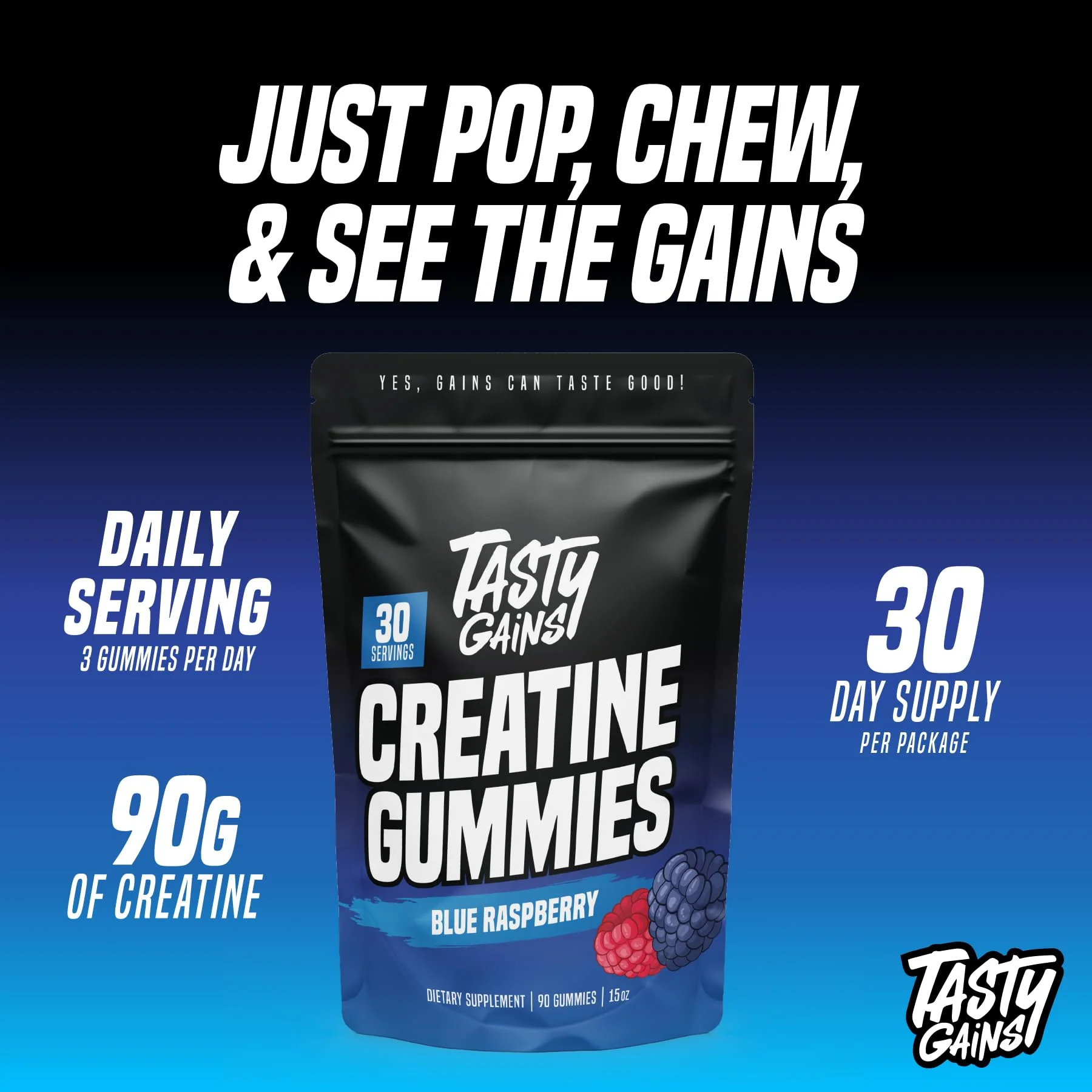 TASTY GAINS Creatine Gummies – 90g Creatine Monohydrate, Muscle Support, Vegan, Made in USA (Blue Raspberry) - Image 2