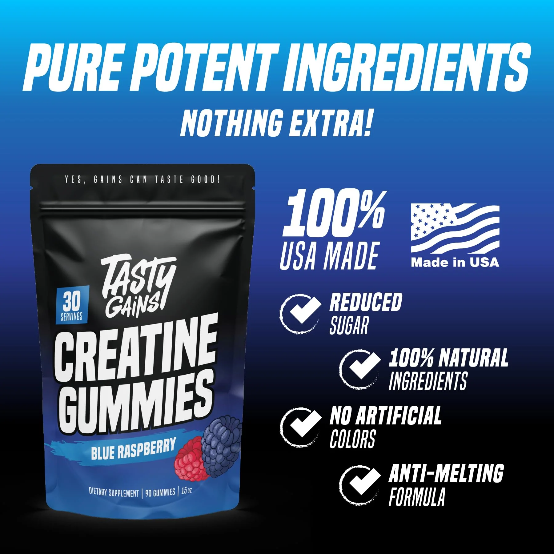 TASTY GAINS Creatine Gummies – 90g Creatine Monohydrate, Muscle Support, Vegan, Made in USA (Blue Raspberry) - Image 3