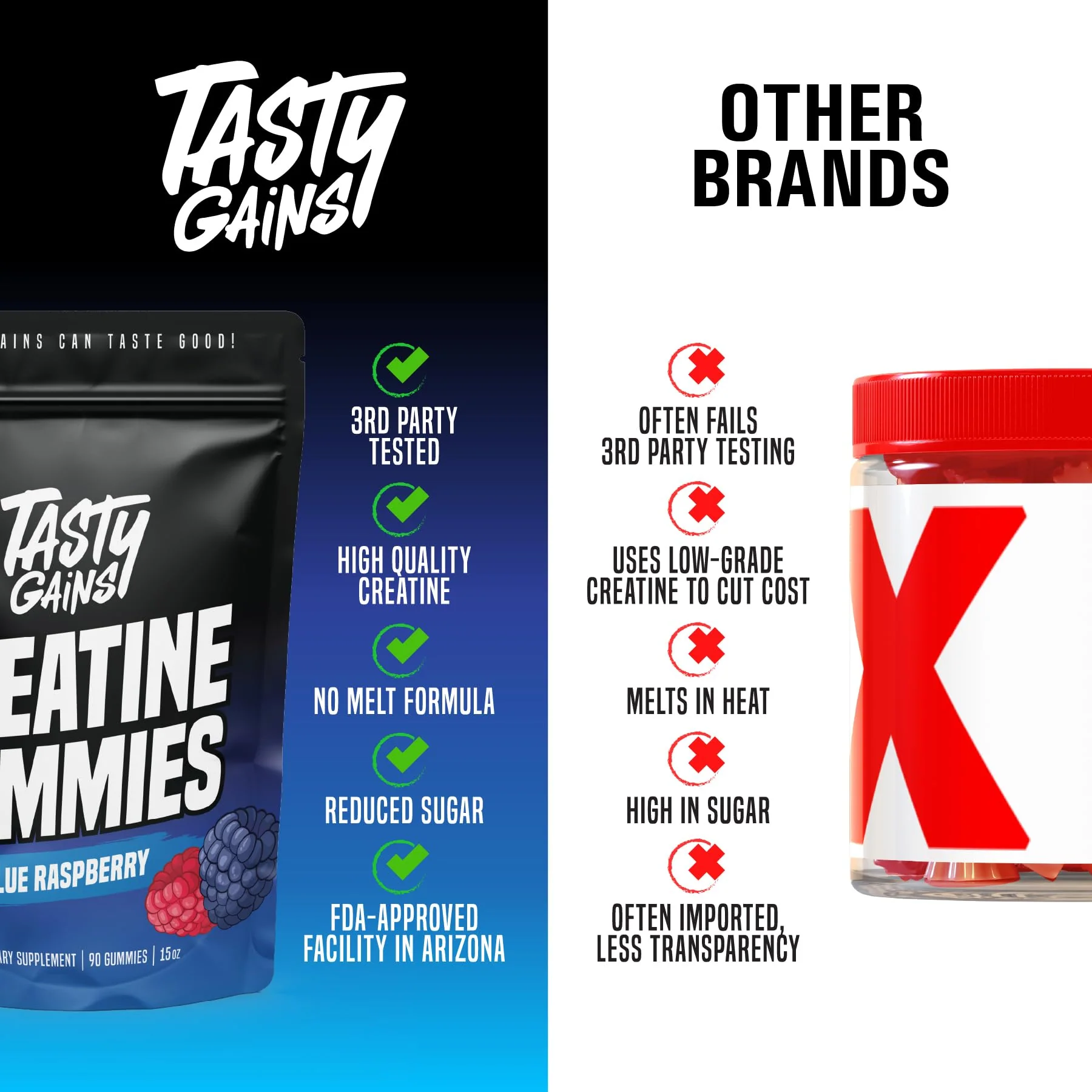 TASTY GAINS Creatine Gummies – 90g Creatine Monohydrate, Muscle Support, Vegan, Made in USA (Blue Raspberry) - Image 6