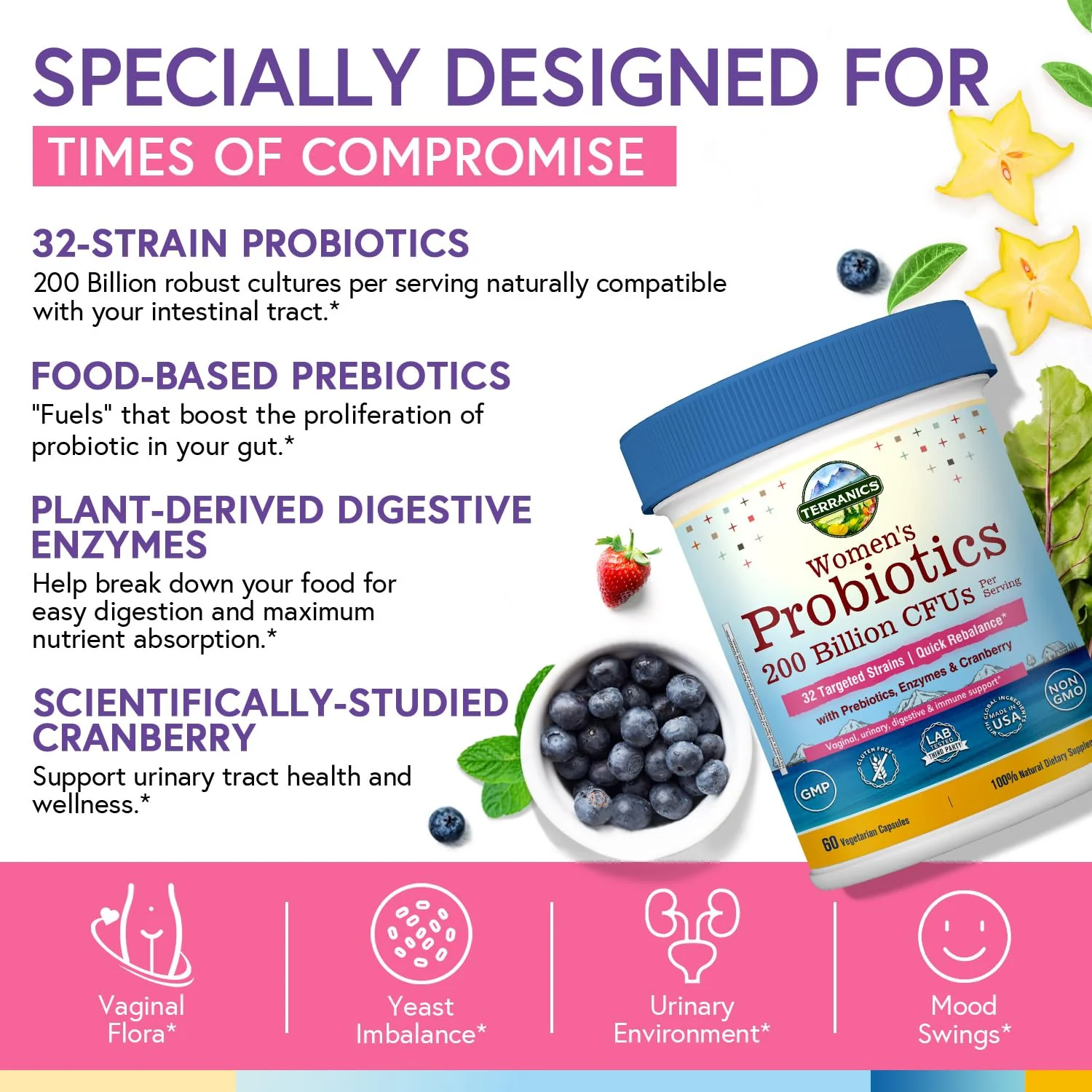 Terranics Daily Probiotics for Women – 60 Vegan Caps, 200B CFU, 32 Strains | Cranberry & Prebiotics - Image 3