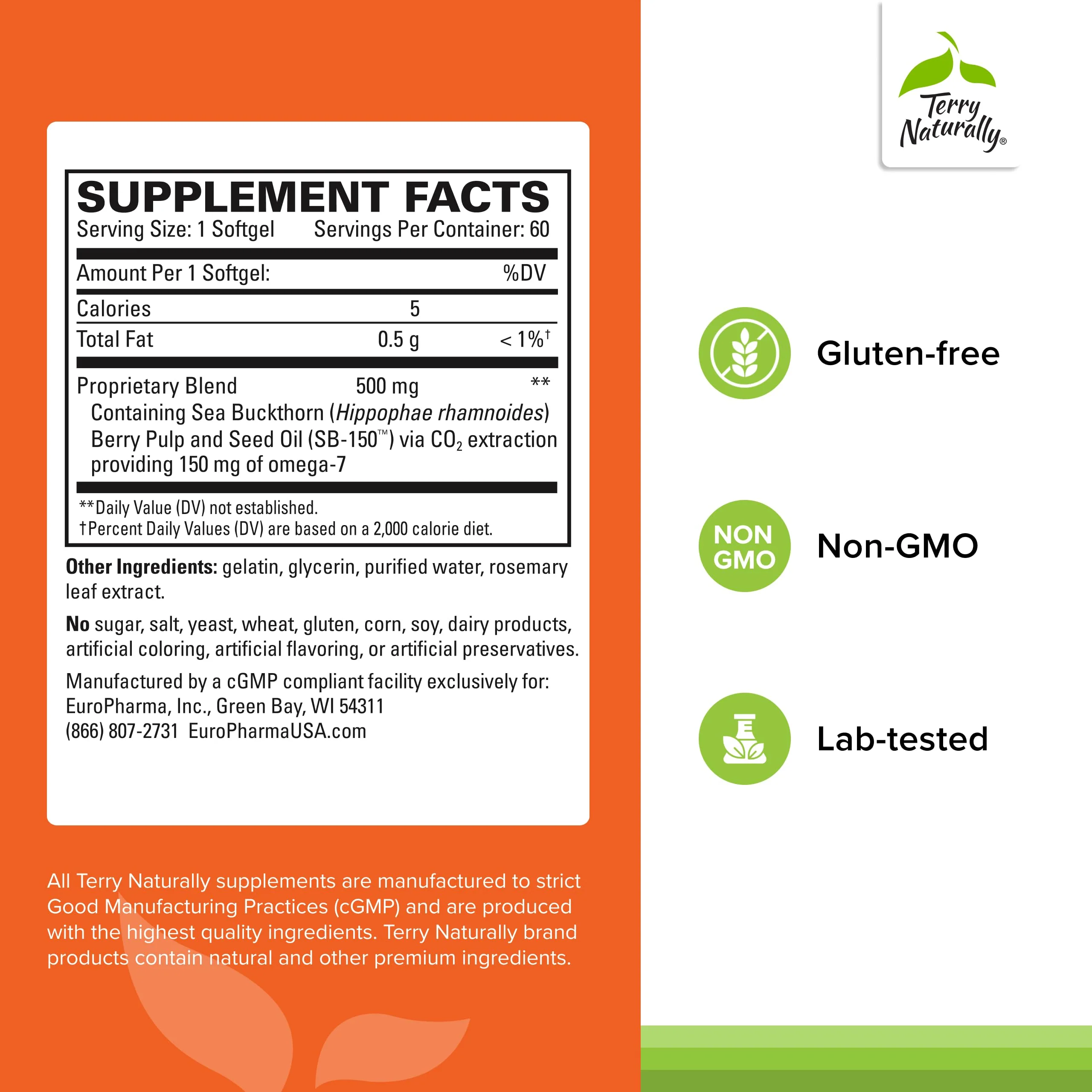 Terry Naturally Omega-7 with Sea Buckthorn – Skin Health Support | 60 Softgels (Pack of 2) - Image 2