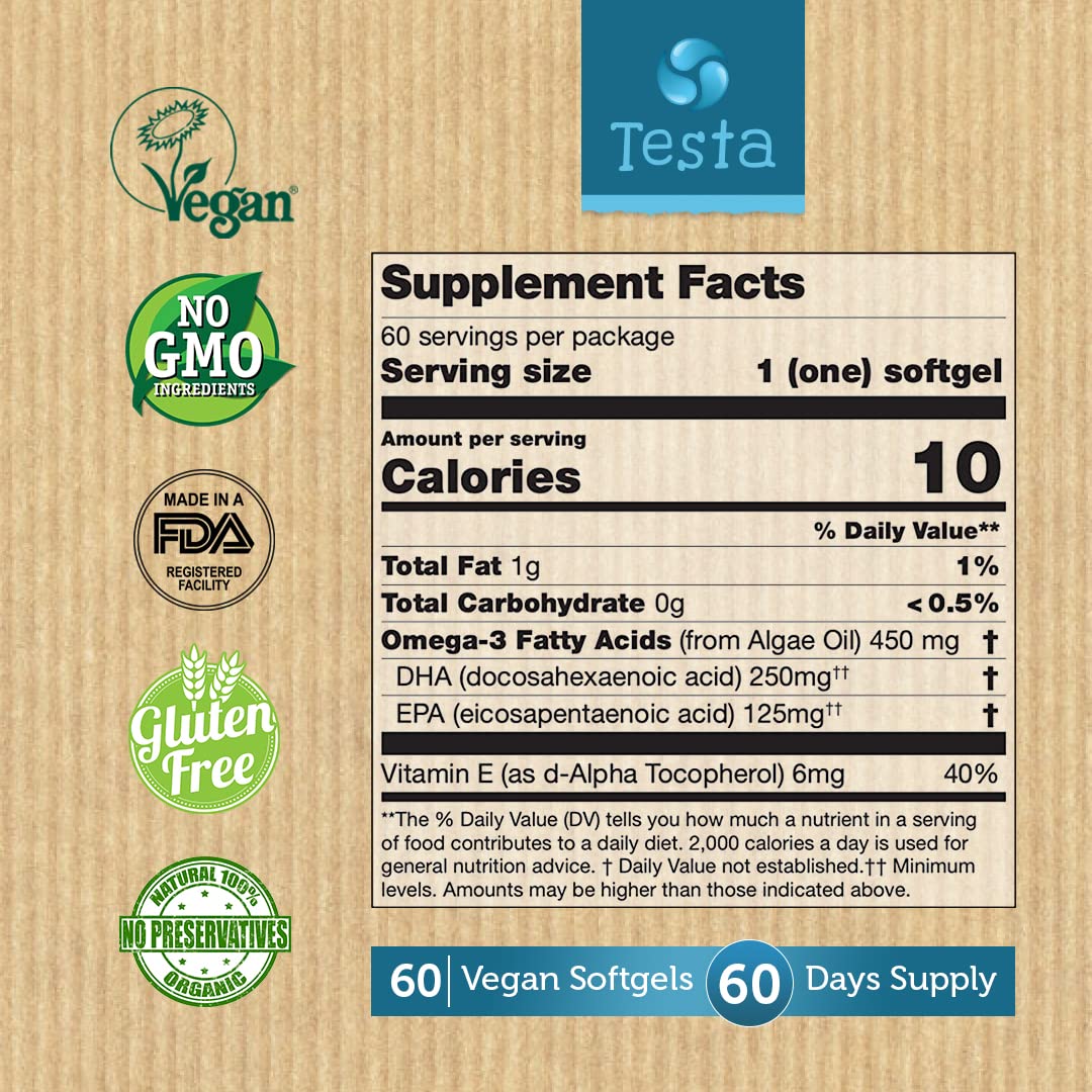 Testa Omega-3: Plant-Based DHA + EPA from Algae Oil | Pure Vegan Omega-3 | 60 Capsules (8 Pack) - Image 6