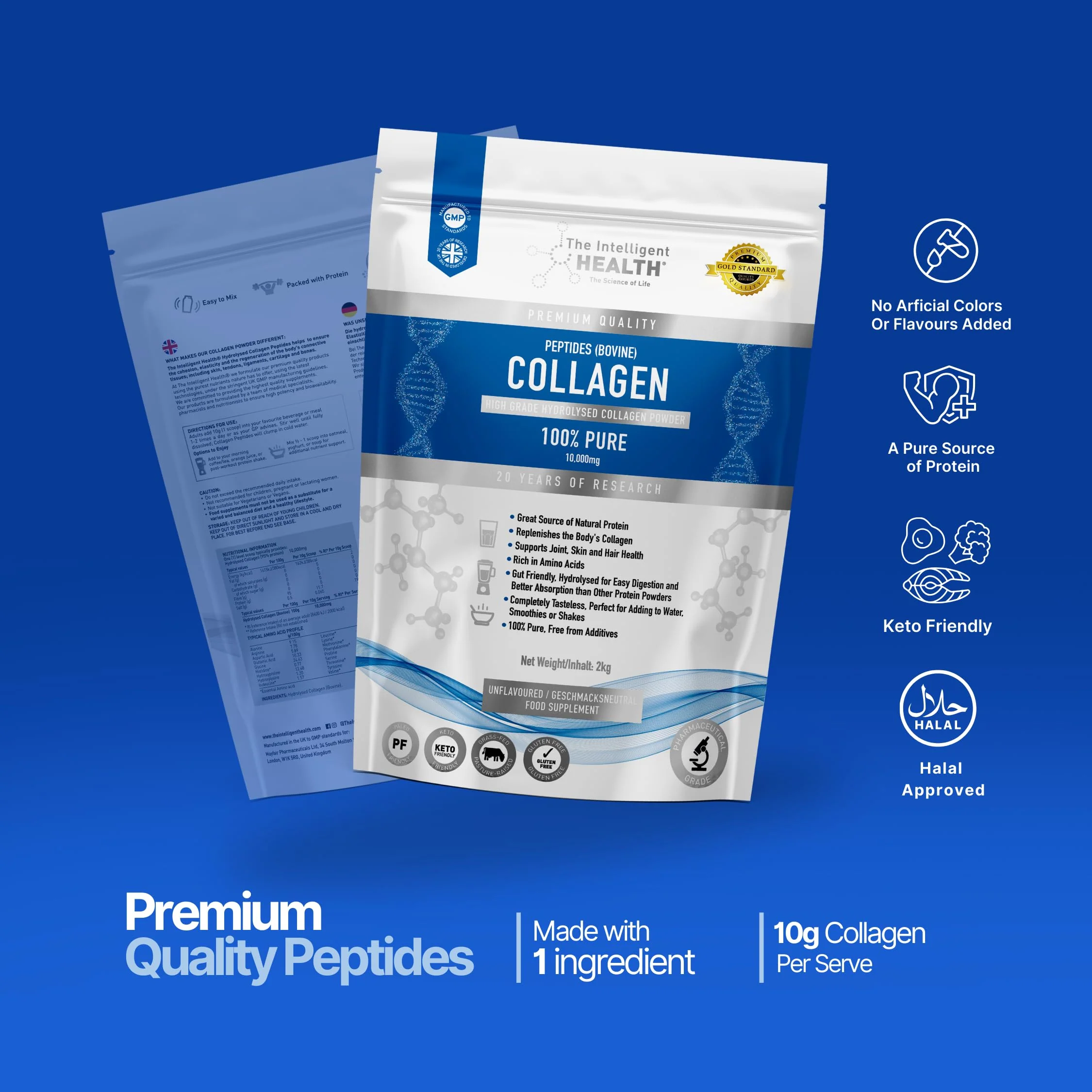 The Intelligent Health Hydrolyzed Collagen Peptides Powder – Grass-Fed, Unflavored, 10g per Serving, 2kg - Image 4