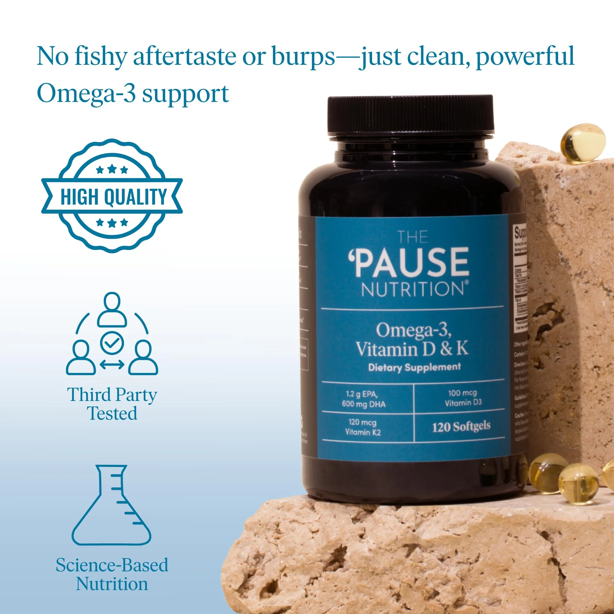 The 'Pause Life Omega-3 with Vitamin D & K2 – Gluten Free, Unflavored, 120 Softgels - Image 3