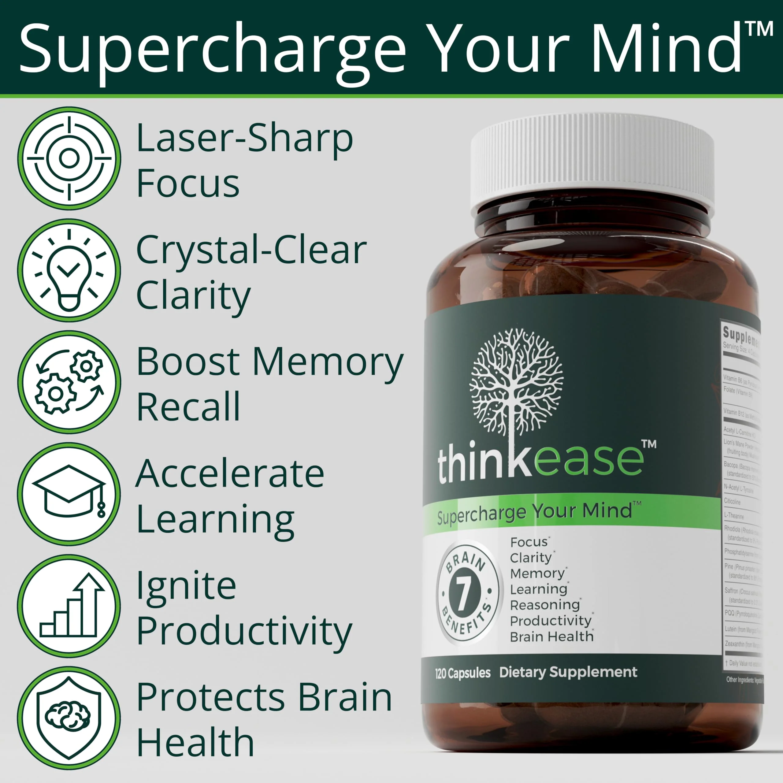 ThinkEase Brain Supplement (120 Capsules) | Memory, Mental Clarity, Focus, Cognitive Performance | Nootropic Supplement with L-Theanine, Acetyl L-Carnitine, Phosphatidylserine, Lion's Mane & More - Image 2