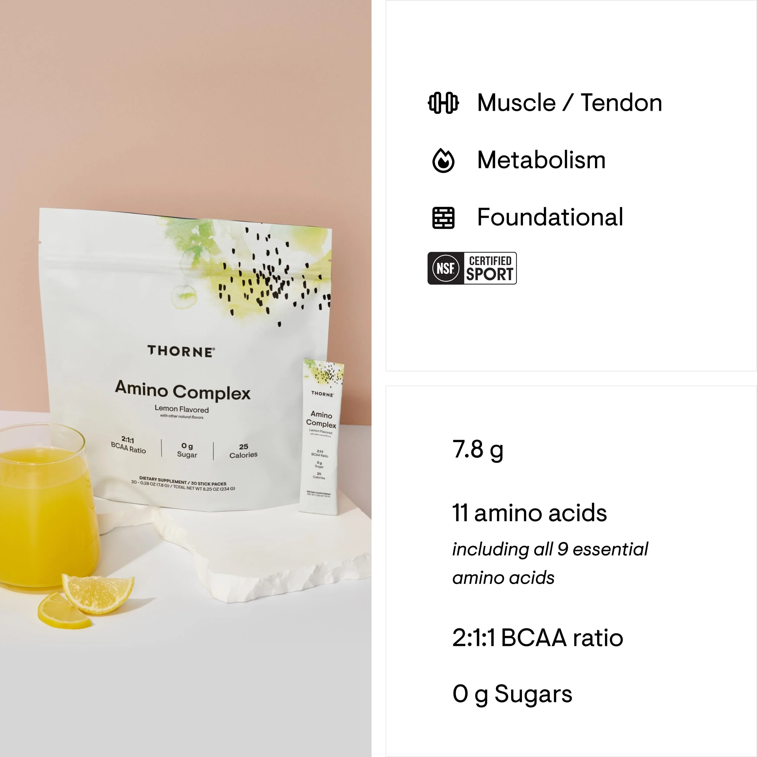 THORNE Amino Complex Lemon – Clinically Validated EAA & BCAA Powder for Pre or Post-Workout | NSF Certified for Sport - Image 2
