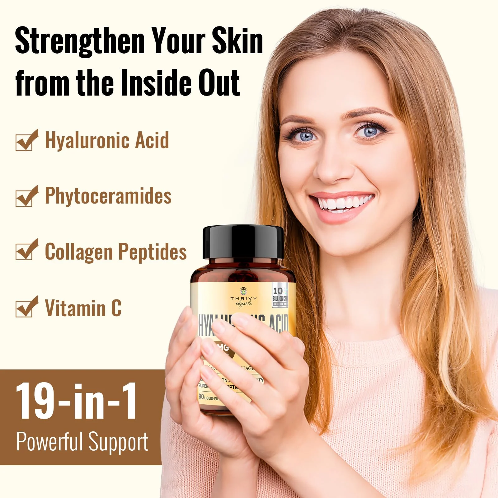 ThrivyThystle 19-in-1 Hyaluronic Acid Capsules – 2 Pack, 1200 mg, Collagen, Vitamin C, Probiotics - Image 2
