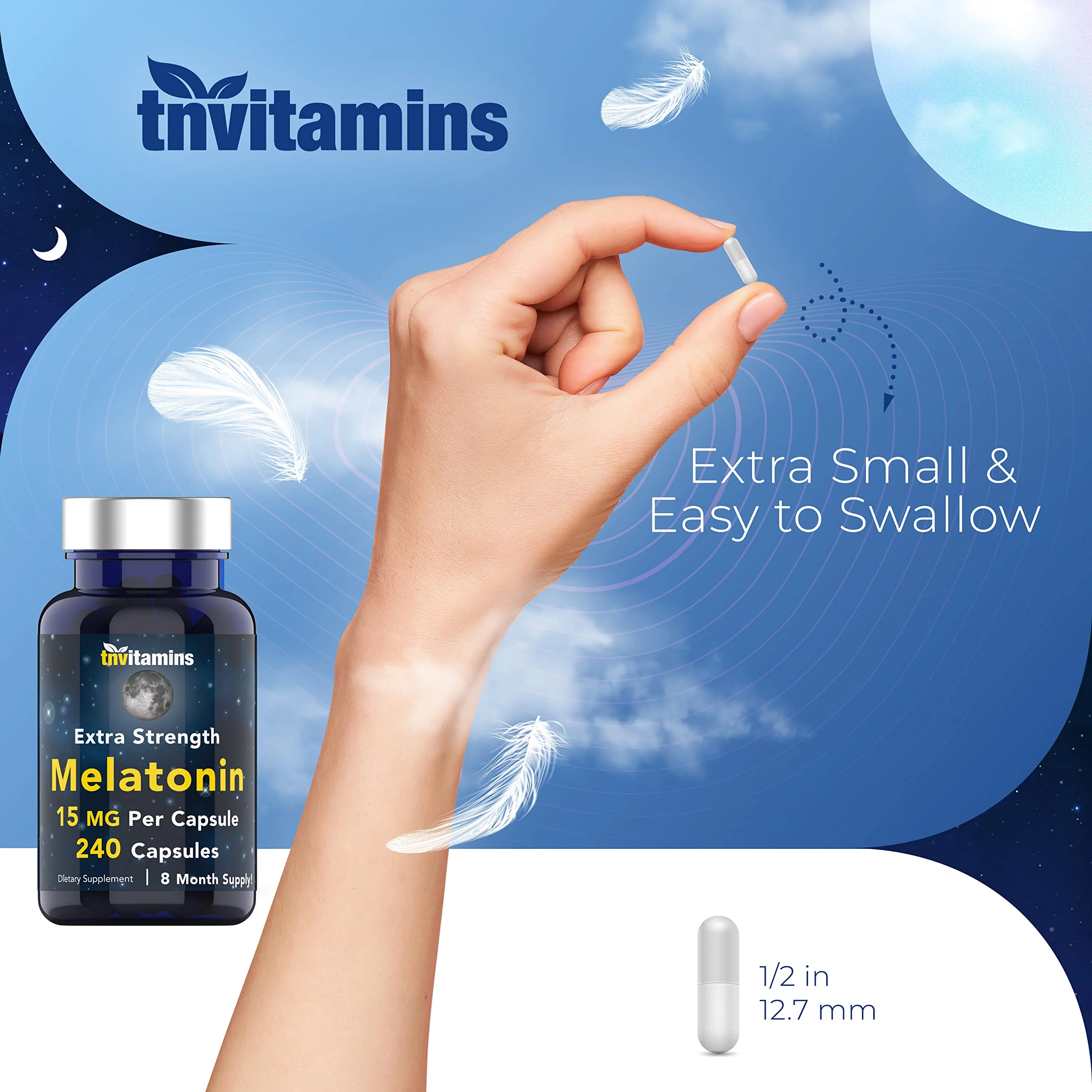 tnvitamins Melatonin 15 mg per Capsule – 240 Capsules (Pack of 2) – Extra Strength Nighttime Sleep Support - Image 12