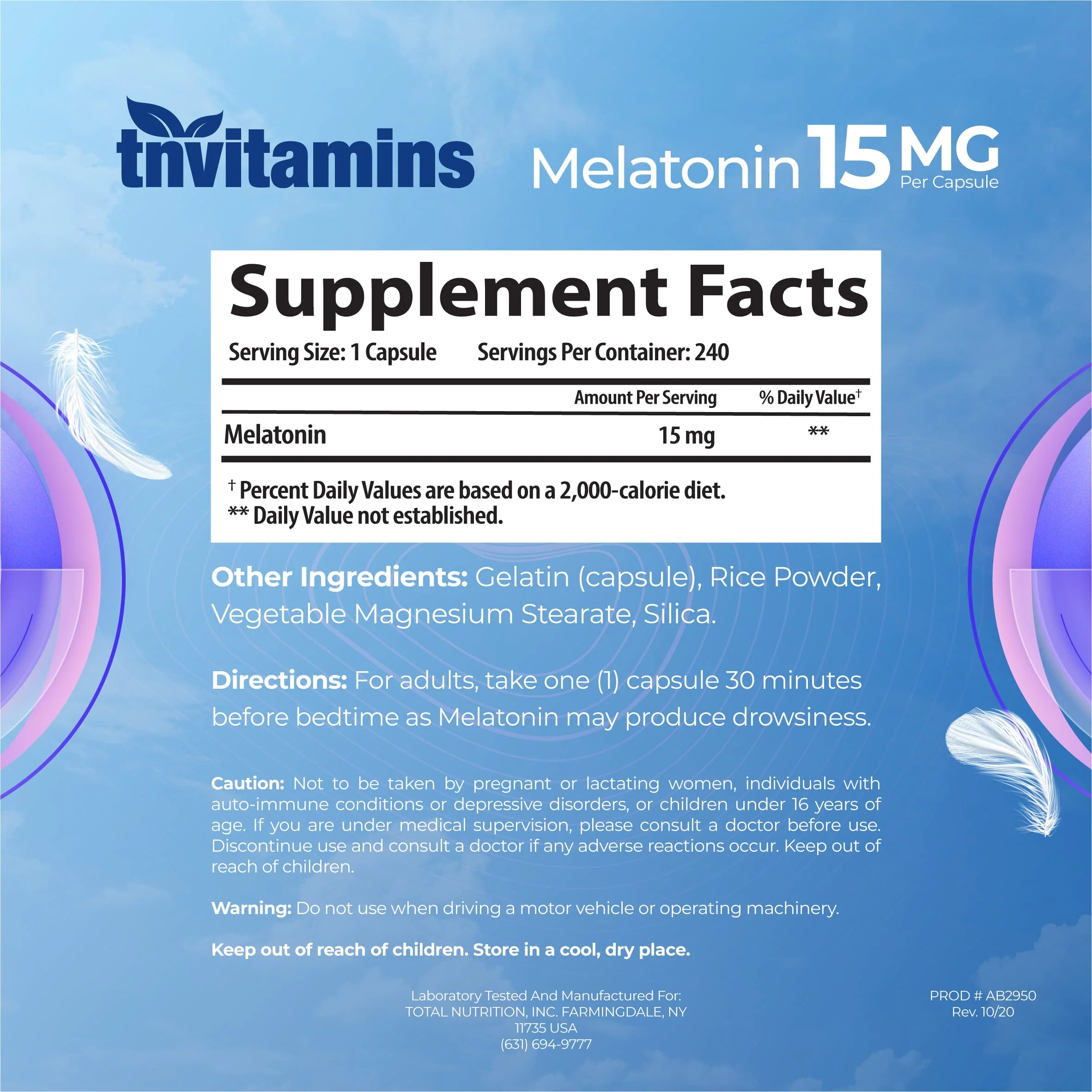 tnvitamins Melatonin 15 mg per Capsule – 240 Capsules (Pack of 2) – Extra Strength Nighttime Sleep Support - Image 2