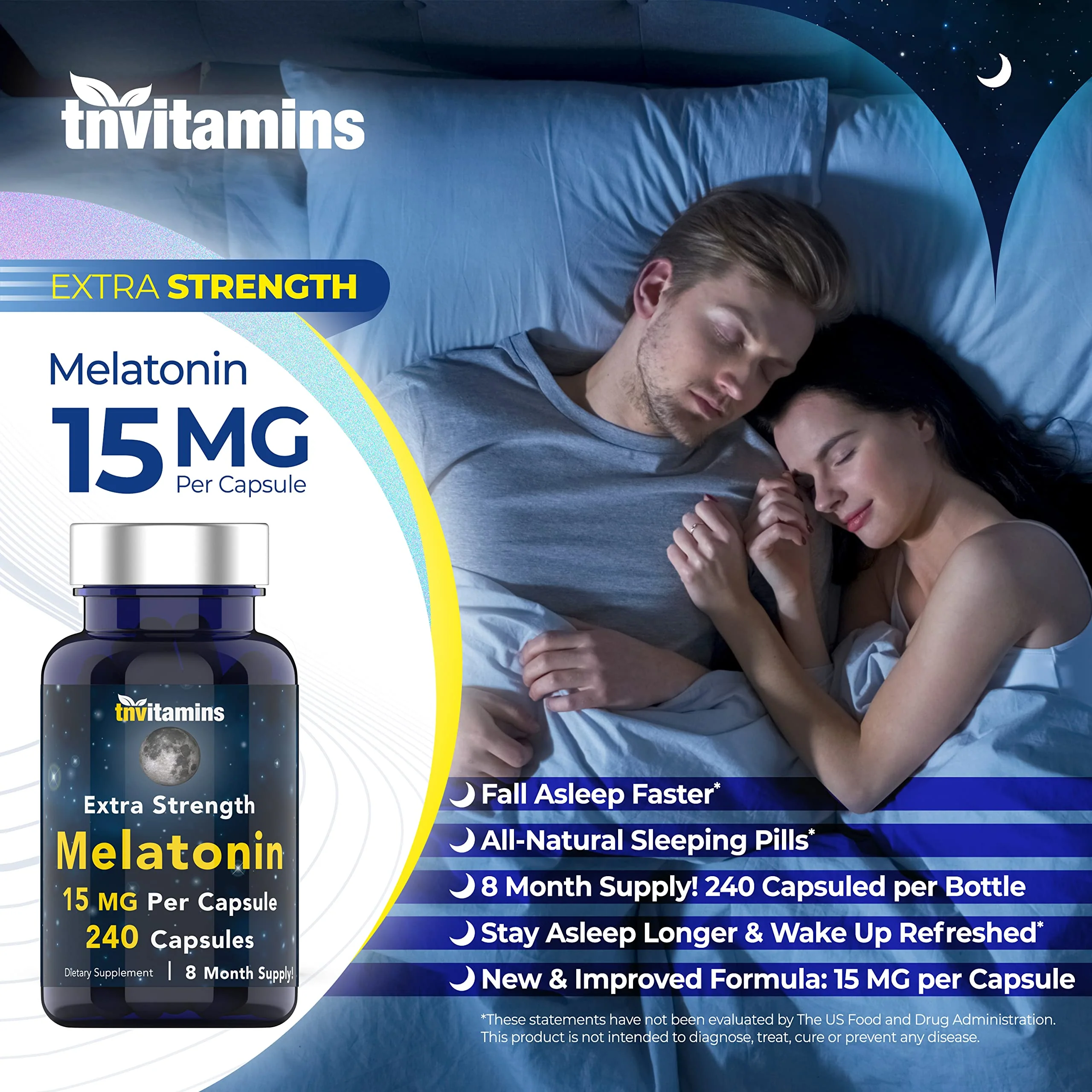 tnvitamins Melatonin 15 mg per Capsule – 240 Capsules (Pack of 2) – Extra Strength Nighttime Sleep Support - Image 3