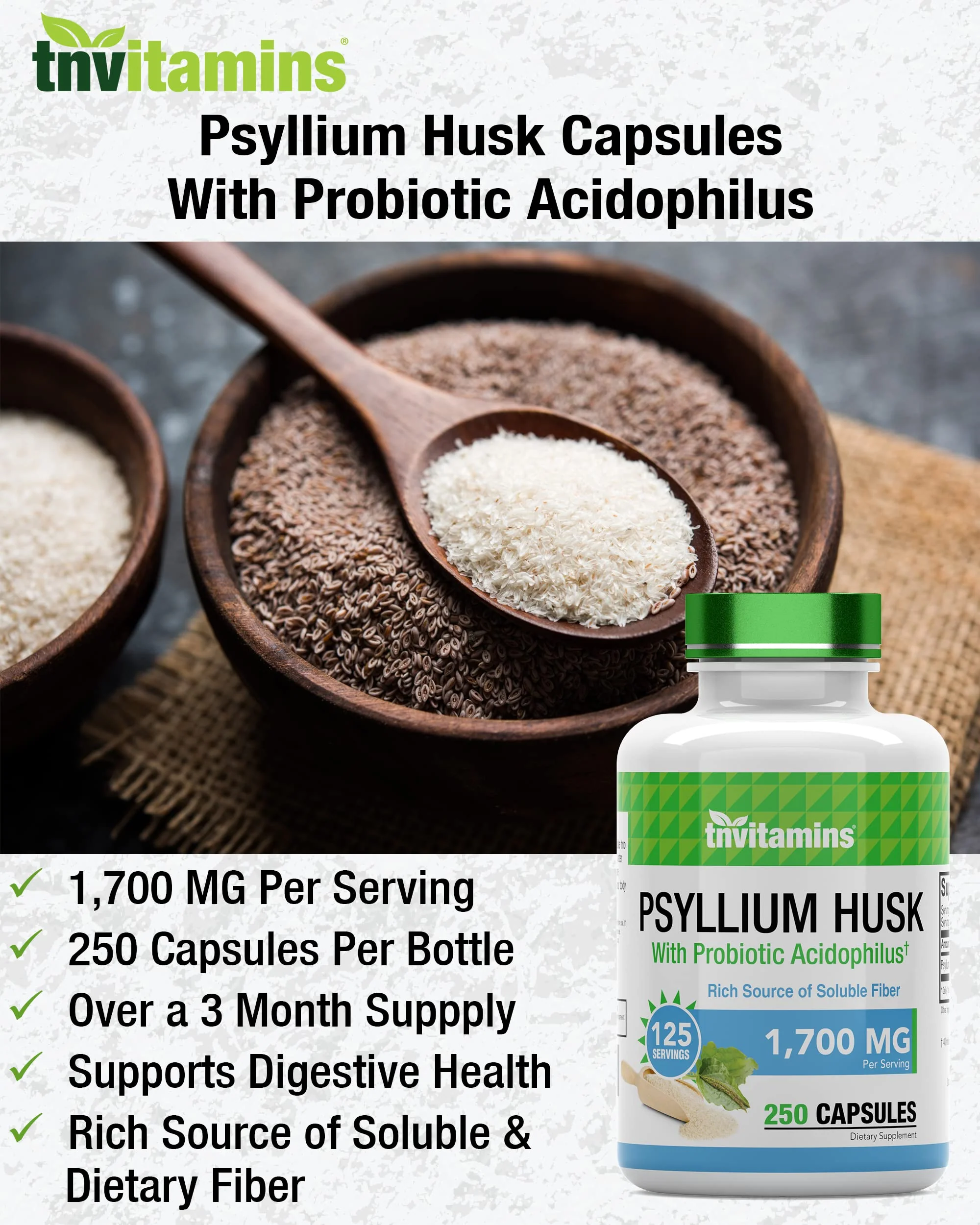 tnvitamins Psyllium Husk Capsules 1700mg | Probiotic Acidophilus | Digestive Fiber (2-Pack) - Image 8