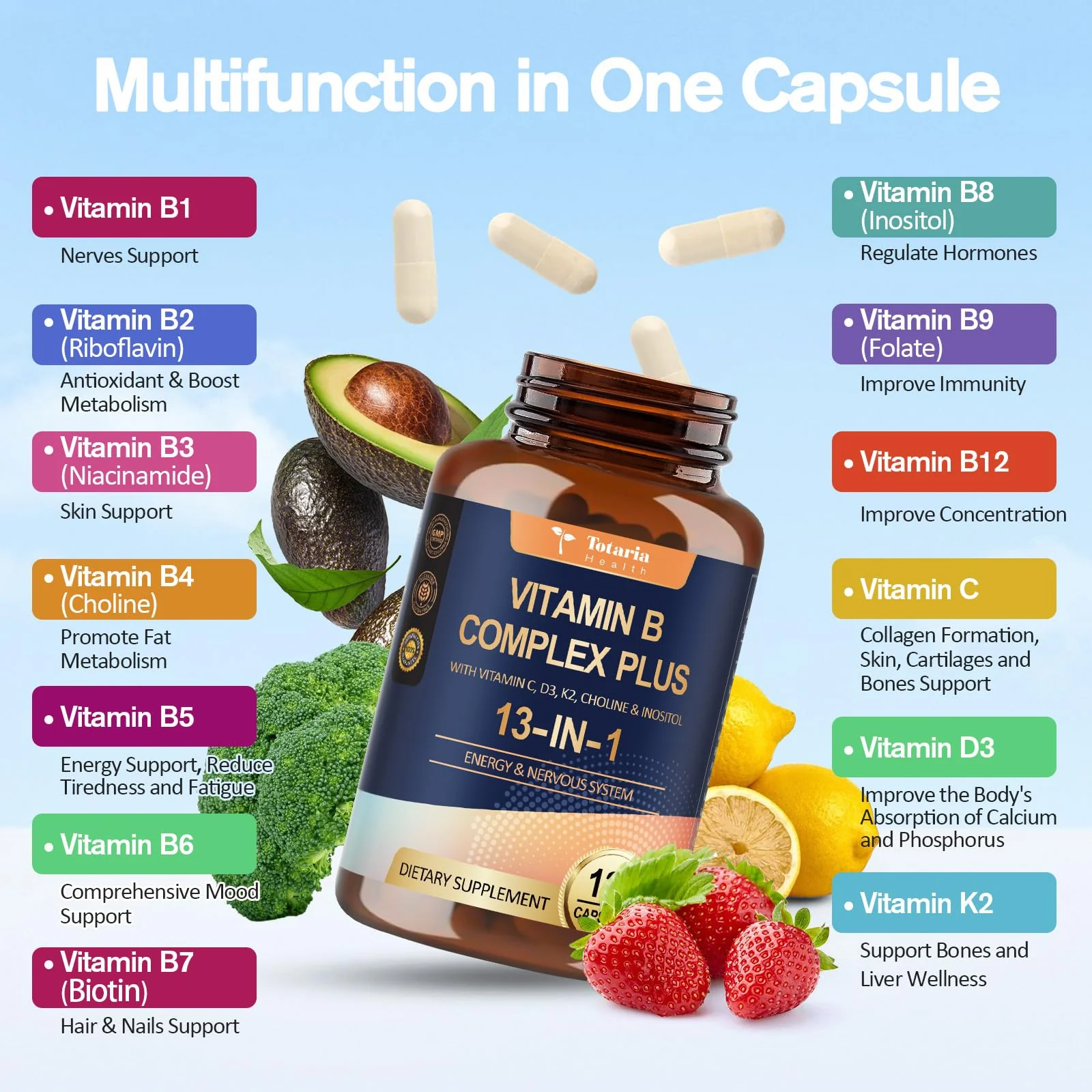 Totaria 13-in-1 Vitamin B Complex Plus – 2 Bottles (240 Caps) | Energy, Nerve & Immune Support - Image 3
