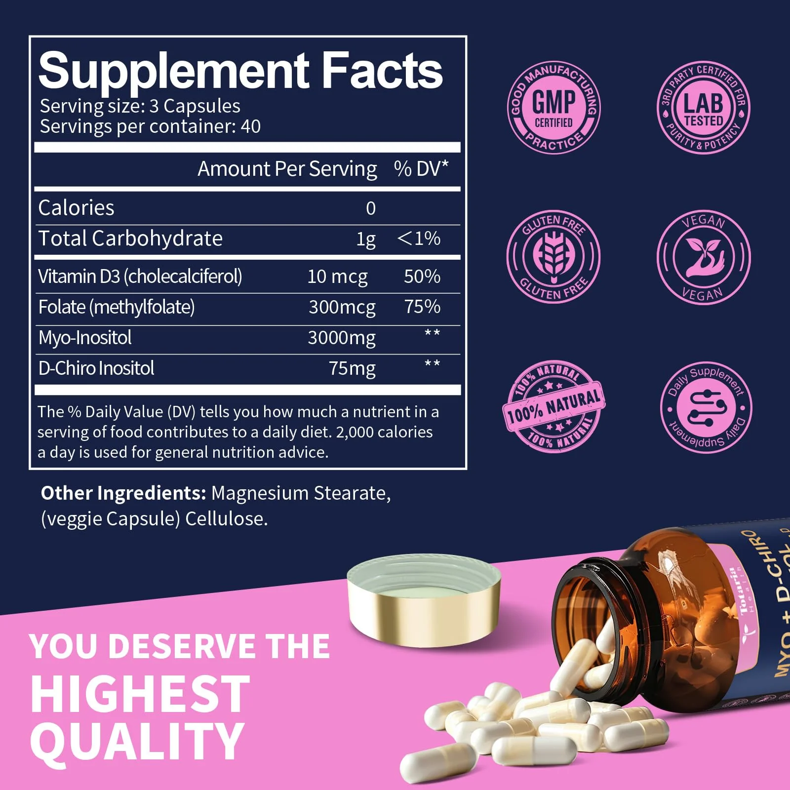 Totaria Inositol Supplement for Women – 40:1 Myo-Inositol & D-Chiro, Vitamin D3 + Folate (Pack of 2) - Image 4