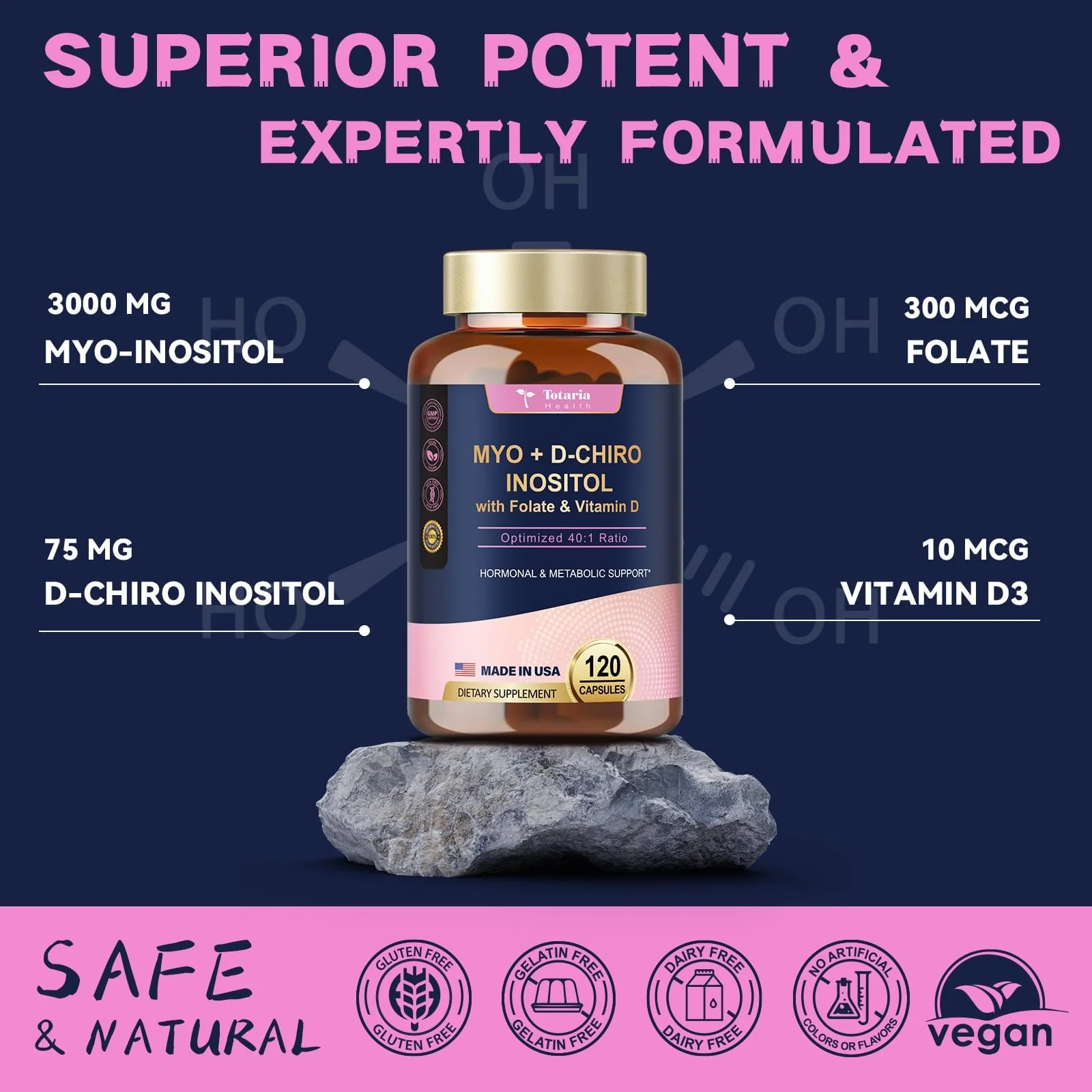 Totaria Inositol Supplement for Women – 40:1 Myo-Inositol & D-Chiro, Vitamin D3 + Folate (Pack of 2) - Image 5