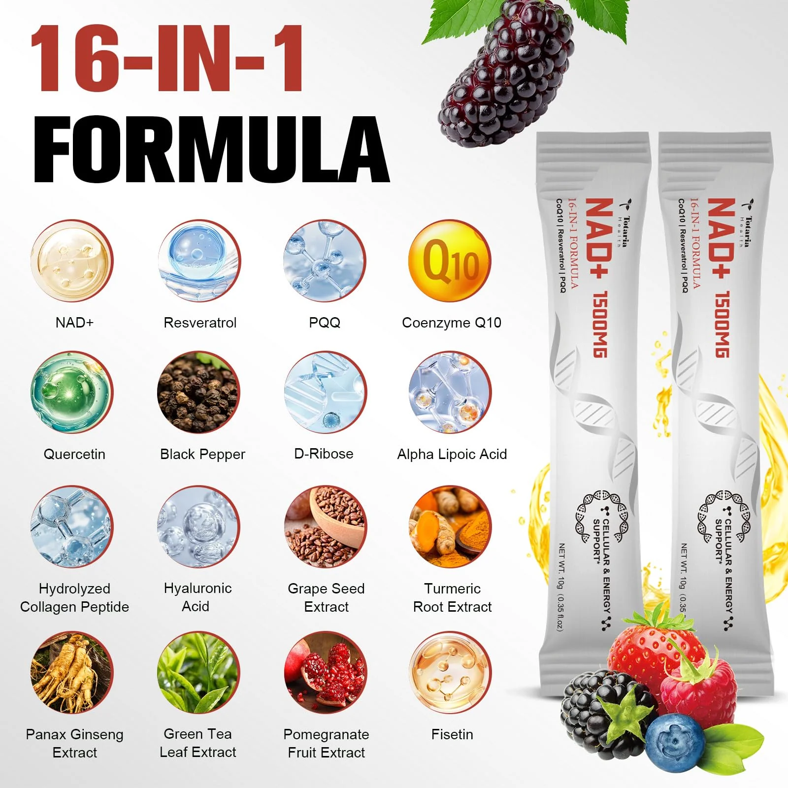 Totaria NAD+ Liquid Supplement 1500mg – 16-in-1 Anti-Aging NAD+ Formula (30 Packets) - Image 2