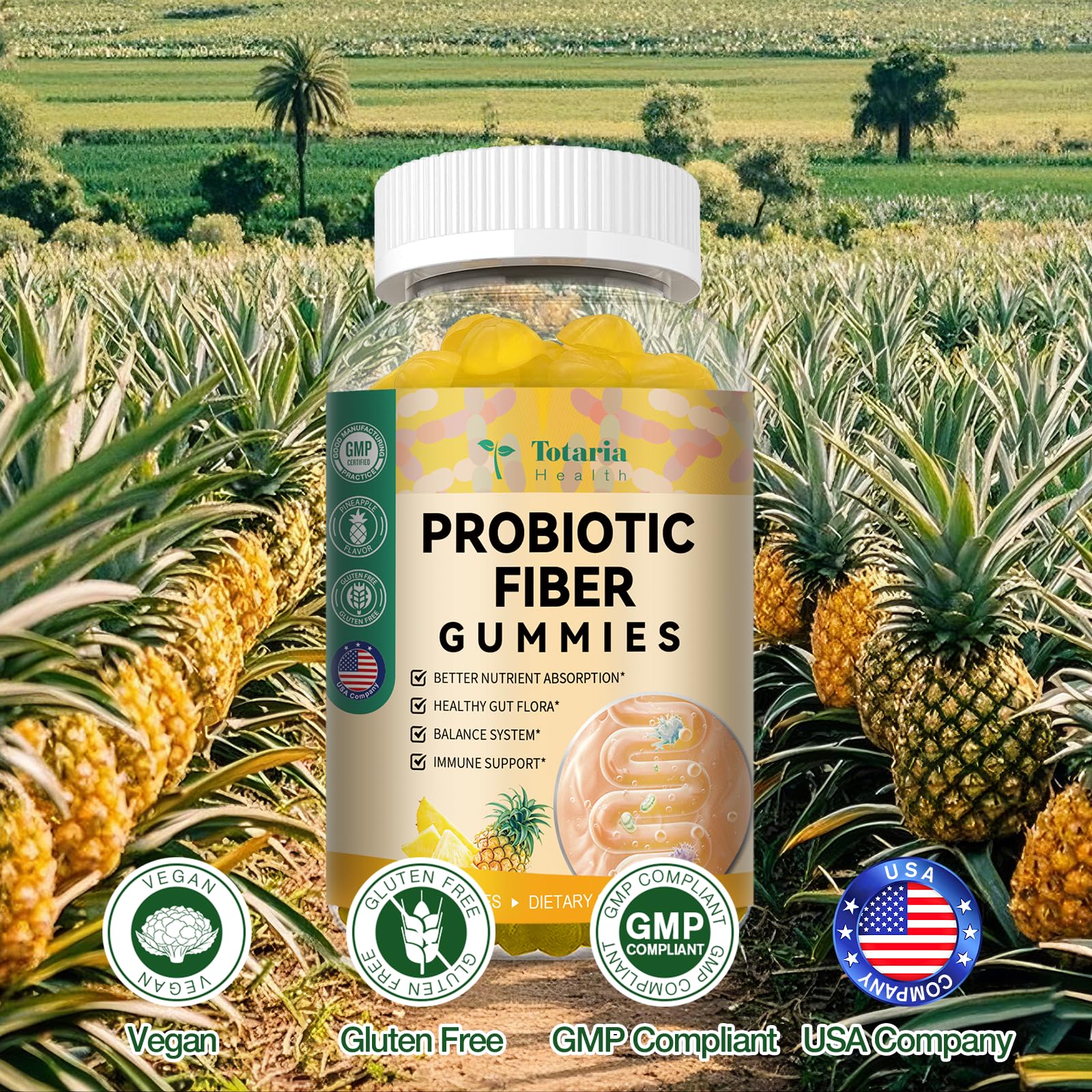 Totaria Probiotic Fiber Gummies – Pineapple Flavor, 60 Gummies per Bottle, 2 Bottles - Image 4
