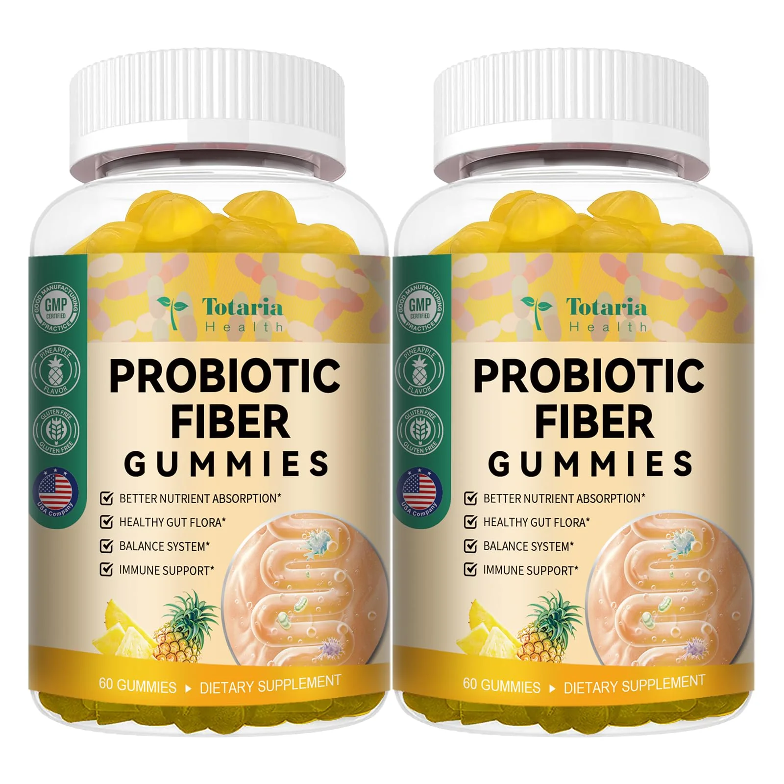 Totaria Probiotic Fiber Gummies – Pineapple Flavor, 60 Gummies per Bottle, 2 Bottles - Image 9