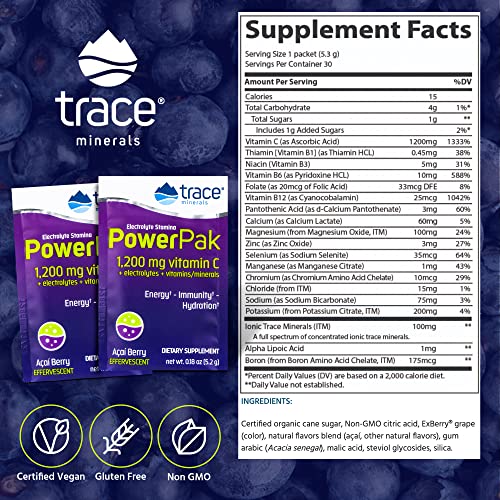 Trace Minerals Power Pak Multivitamin & Multimineral Packets – Acai Berry Flavor, Electrolyte Support, 1200 mg Vitamin C, 70+ Minerals, 90 Packets - Image 4