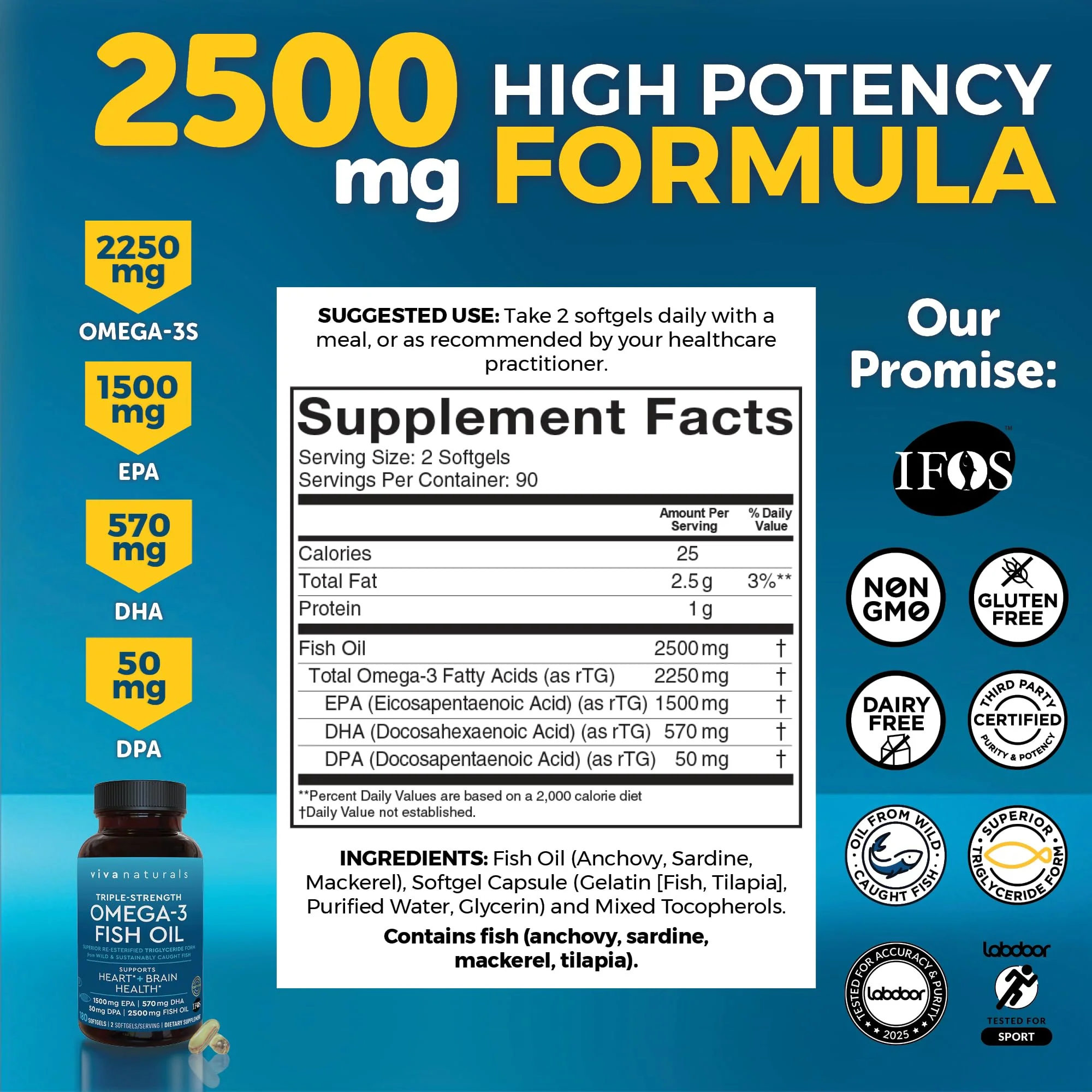 Triple Strength Omega-3 Fish Oil 2500 mg | 180 Softgels | EPA/DHA - Image 2