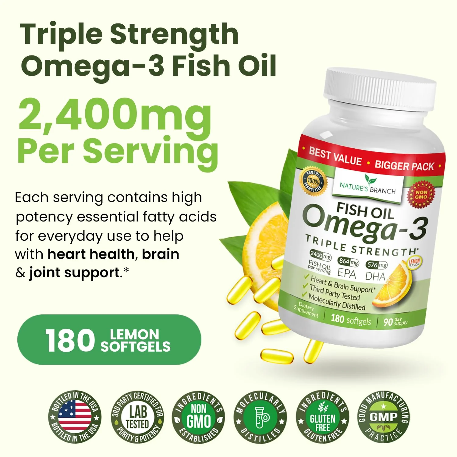Triple Strength Omega-3 Fish Oil Pills — 180 Softgels, 2400mg, Burpless Lemon - Image 5